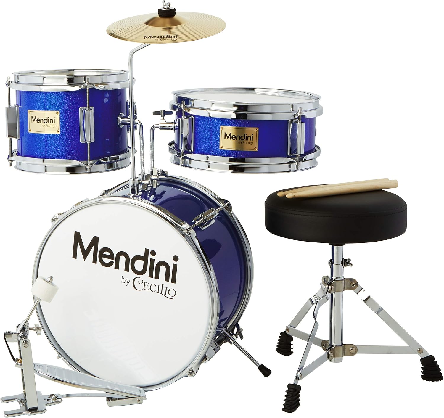 Mendini By Cecilio Kids Drum Set - Junior Kit w/ 4 Drums (Bass, Tom, Snare, Cymbal), Drumsticks, Drummer Seat - Beginner Drum Sets & Musical Instruments