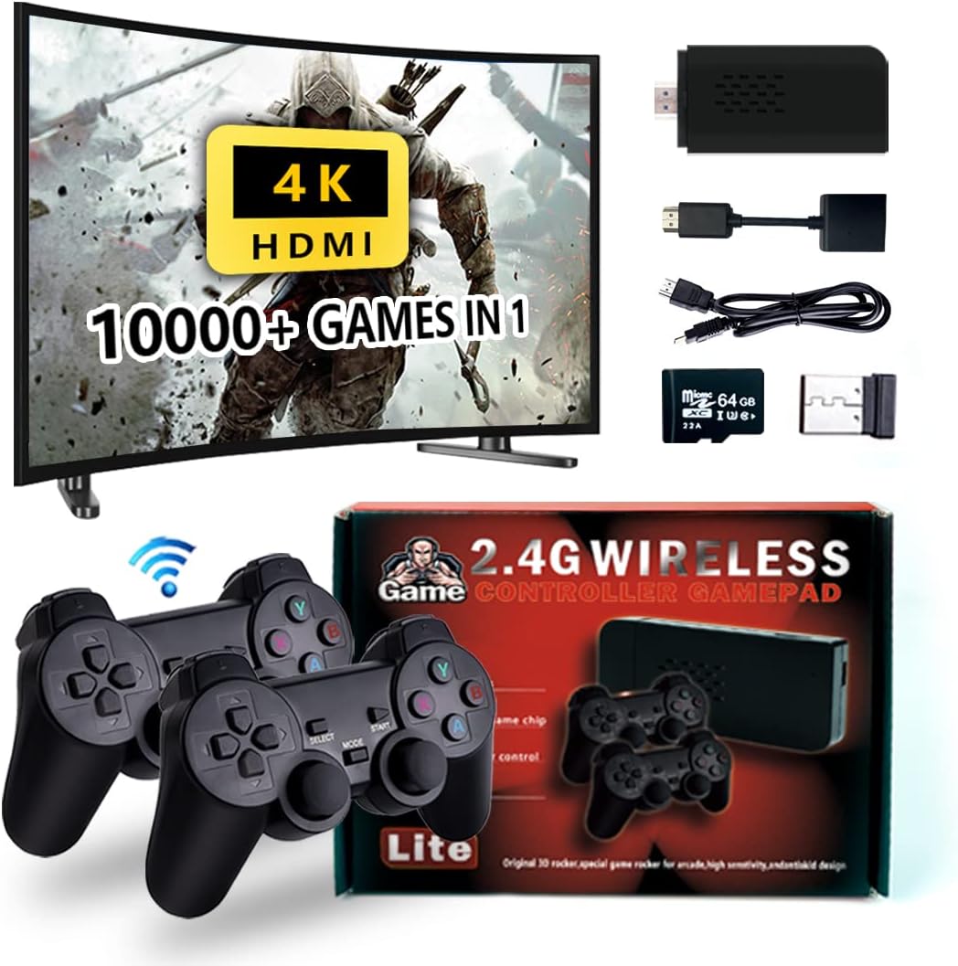 DOBEGIN Wireless Retro Game Console Stick Built in 10000+ Classic Games Plug and Play Video Games 4K HDMI Output for TV with 9 Emulators and PS2 Wireless Controller 2.4GHz Gift for Kids Adults Pack of 2