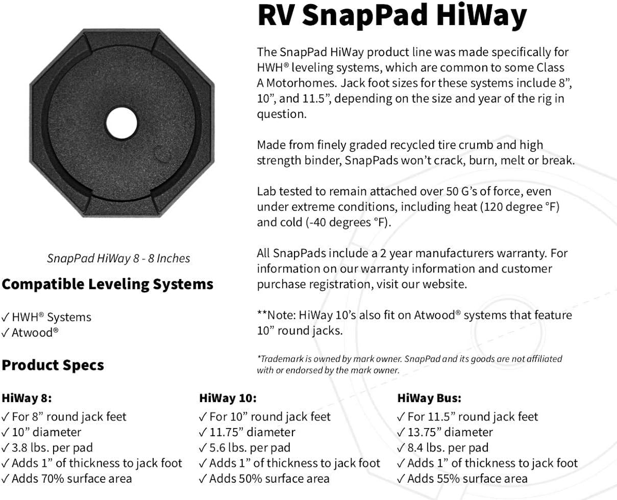 SnapPad HiWay Permanently Attached RV Leveling Jack Pad for HWH Round Landing Feet (Two 8 inch + Two Bus)