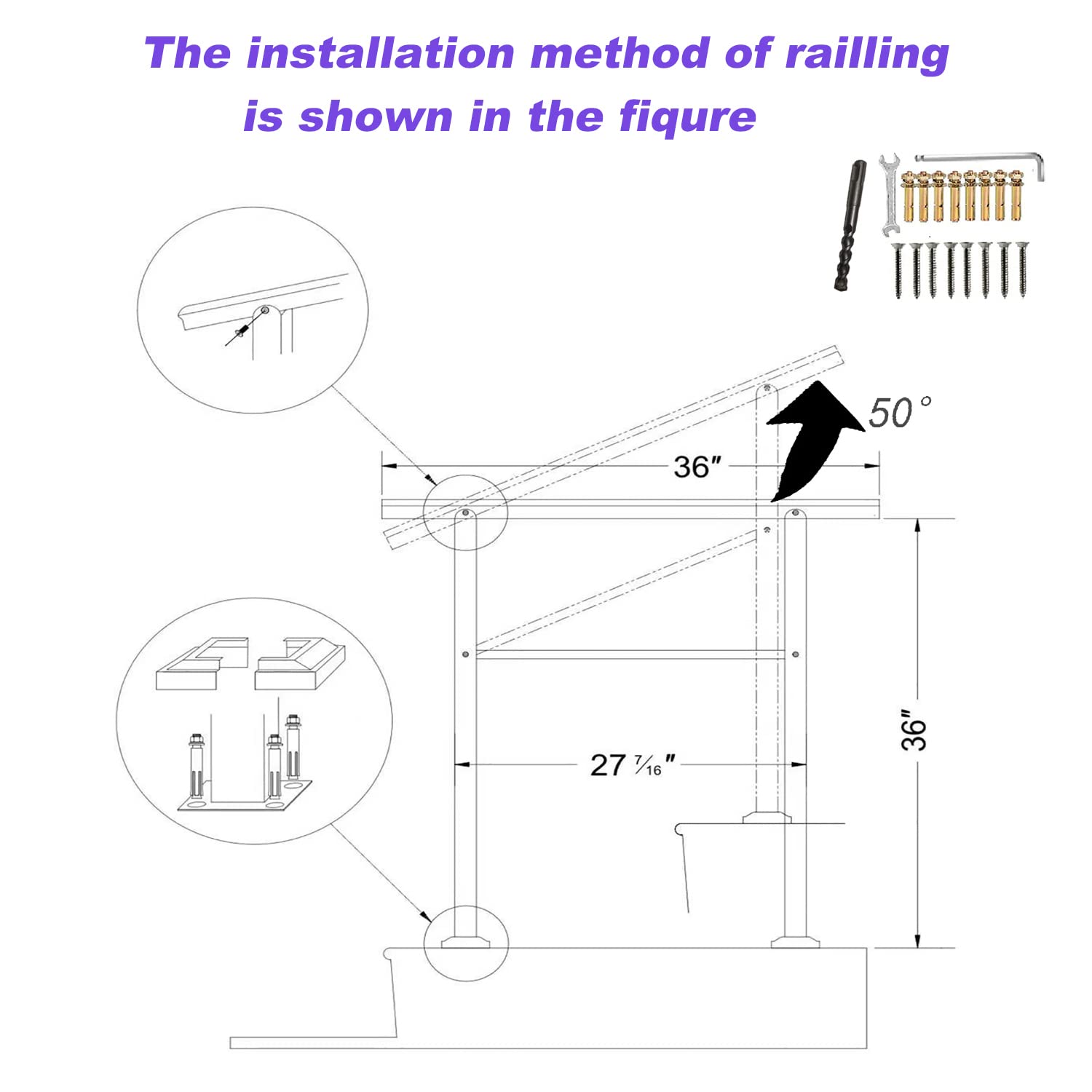 AZUIZUIF White Stair Handrail 3ft Railing 3 Steps Transitional Handrail for Patio, Balcony, Porch, Garden, Residential Building, Commercial Office Building, Hotel, Garage