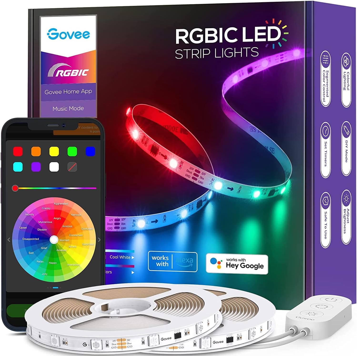 Govee RGBIC LED Strip Lights, 32.8ft WiFi Color Changing LED Lights, APP Control with Segmented Control Smart Color Picking, Works with Alexa and Google Assistant, Music LED Lights for Bedroom, Party Pack of 2