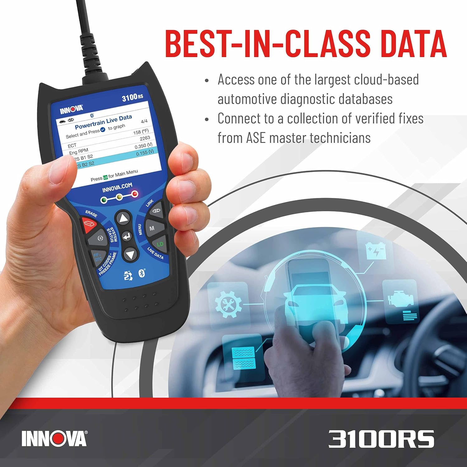 INNOVA 3100RS - Live Data OBD2 Scanner - Read/Erase OBD2 ABS SRS Codes - Reset Oil Light - Fast & Easy to use - Free Updates - Bluetooth w Free RepairSolutions2 App