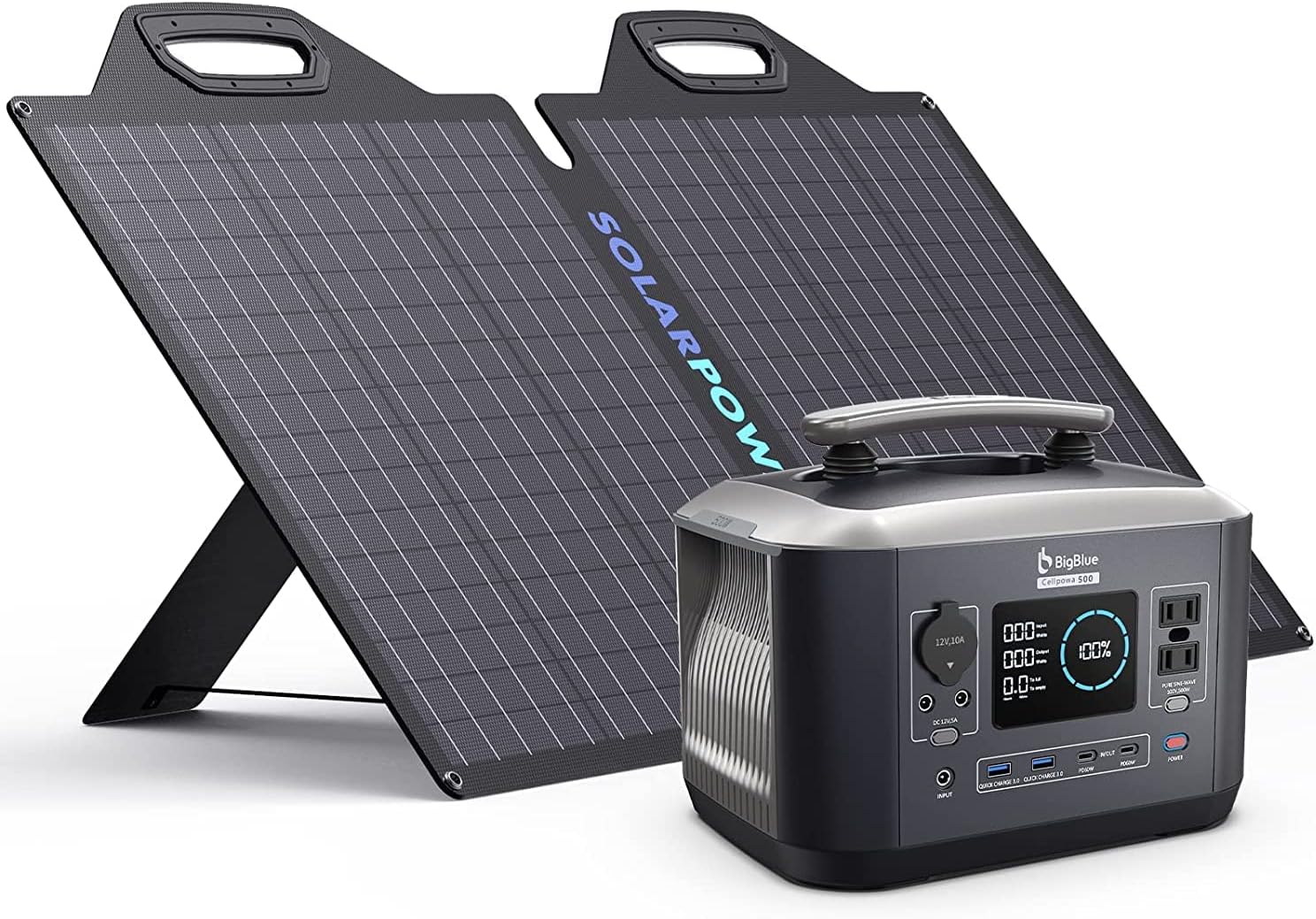 LiFePO4 Solar Generator 537.6Wh with Panels, BigBlue Cellpowa500 and Solarpowa100 ETFE Solar Panels(24V/4.16A), IP65 Waterproof, Fast Charge Cellpowa500 Power Station for Camping, Van, Hurricane