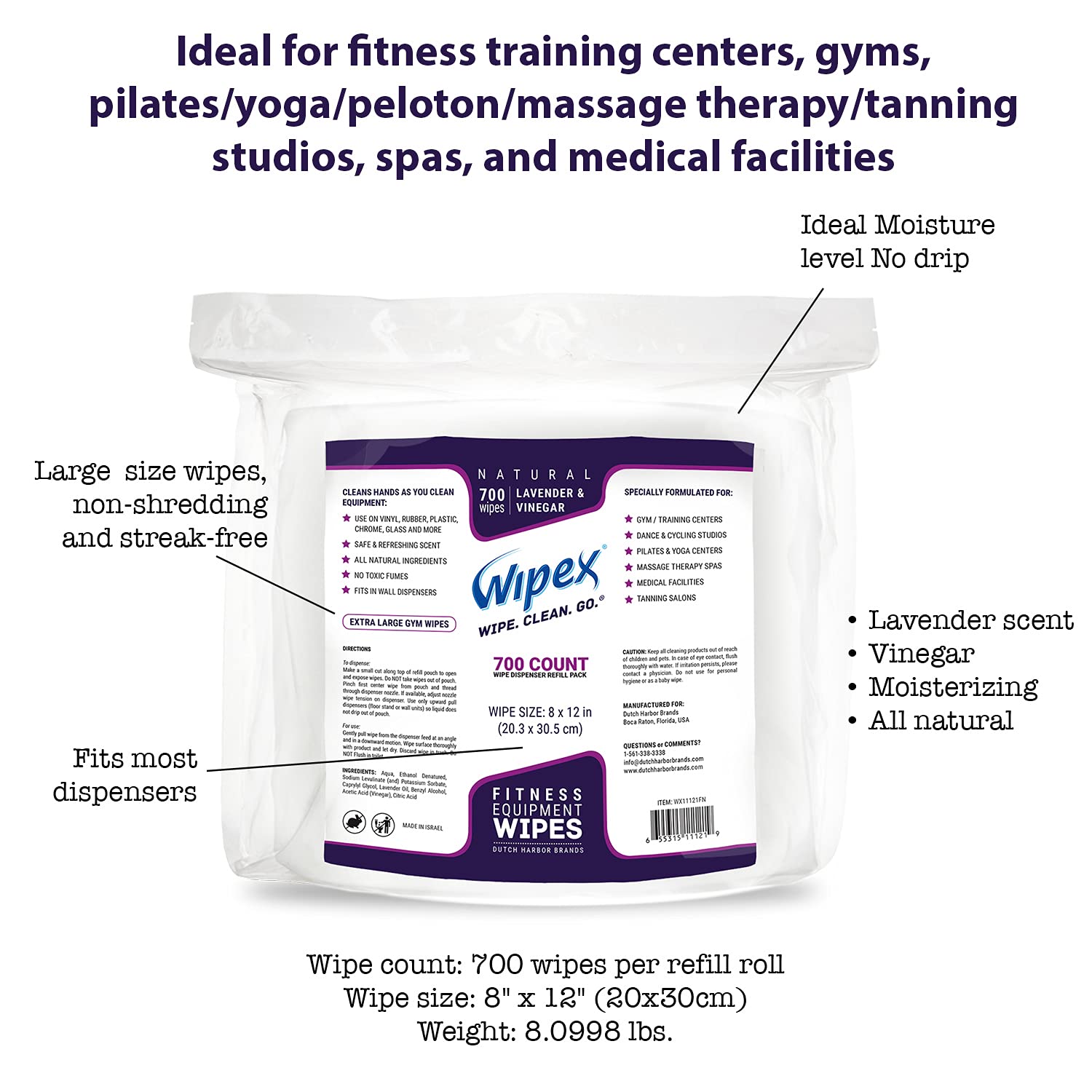 Wipex Gym & Fitness Wipes Refill Pack 700 Large Natural Wipes With Vinegar & Lavender Oil (1 Refill) Pack of 2