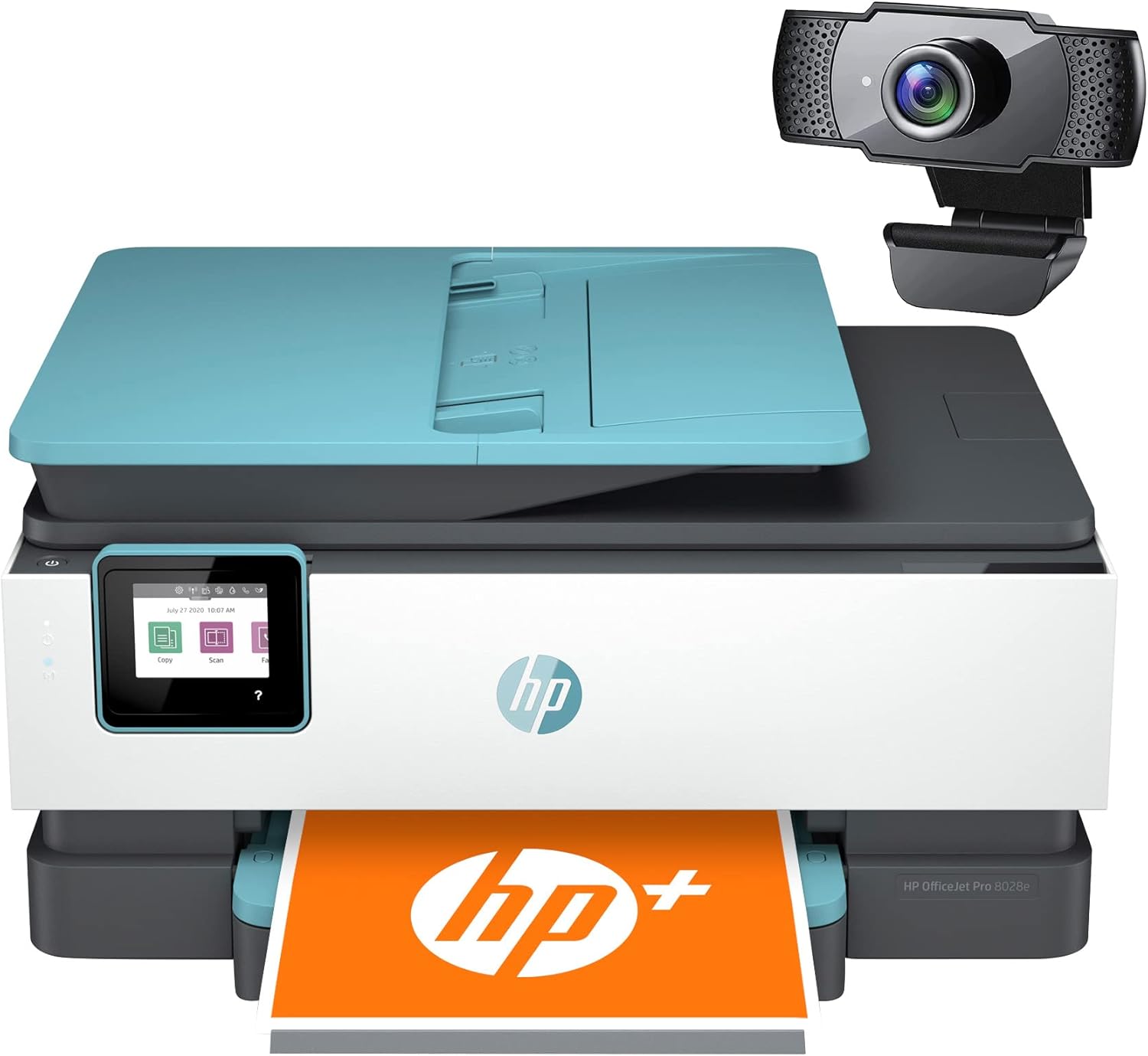 HP OfficeJet Pro 80 28e All-in-One Wireless Color Inkjet Printer for Home Office, Blue - Print Scan Copy Fax - 20 ppm, 4800 x 1200 dpi, 35-Sheet ADF, Auto 2-Sided Printing, Cbmou External Webcam