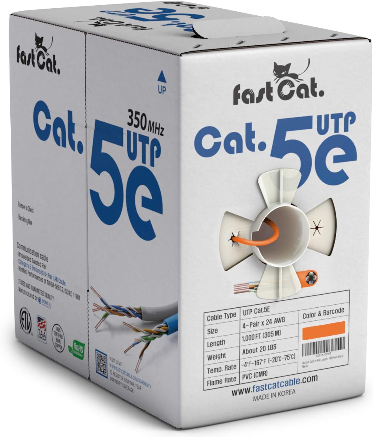 fast Cat. Cat5e Ethernet Cable 1000ft - 24 AWG, CMR, Insulated Bare Copper Wire Internet Cable with FastReel - 350MHZ / Gigabit Speed UTP LAN Cable - CMR (Pink)
