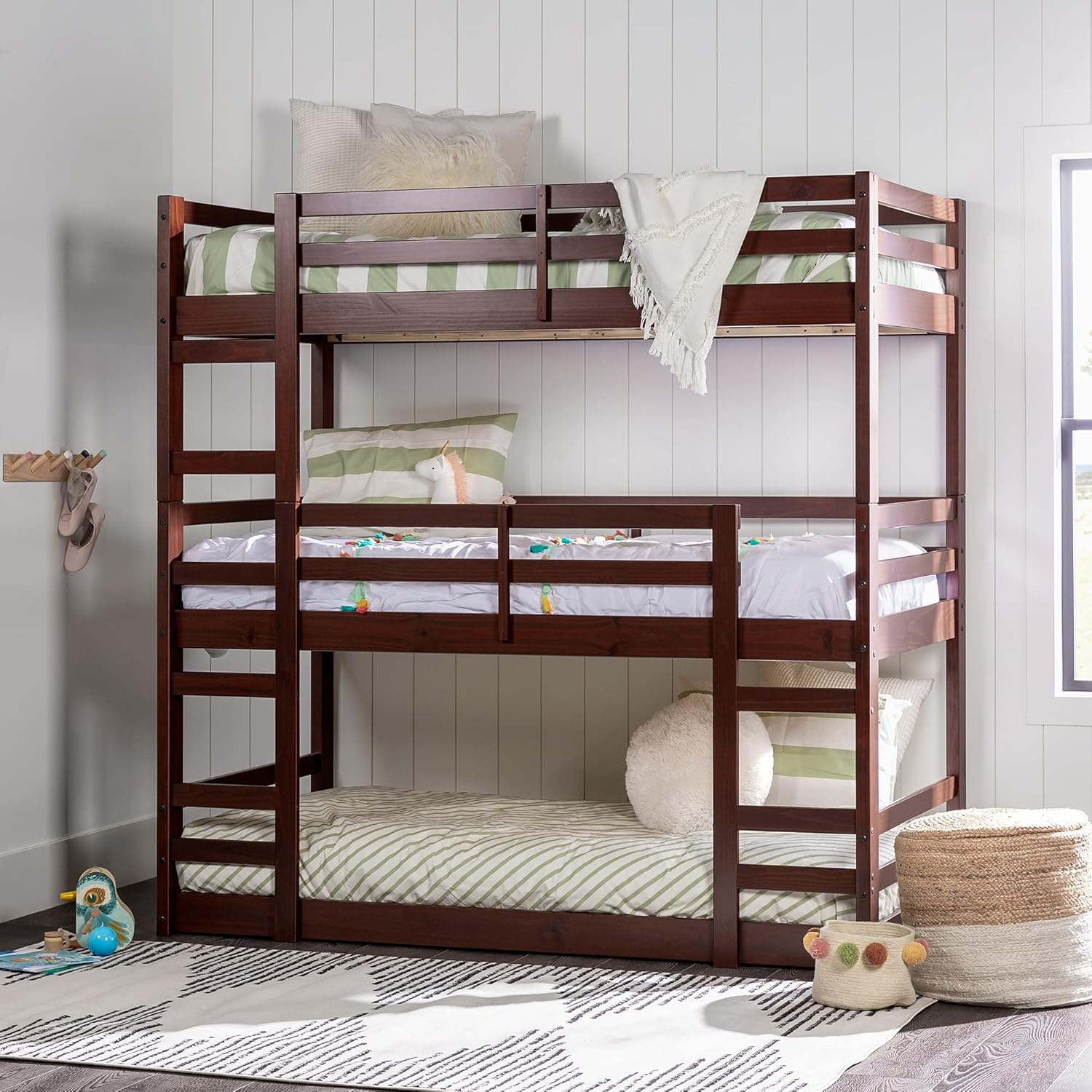 Walker Edison Alexander Classic Solid Wood Stackable Jr Twin over Twin Bunk Bed, Twin over Twin, Grey