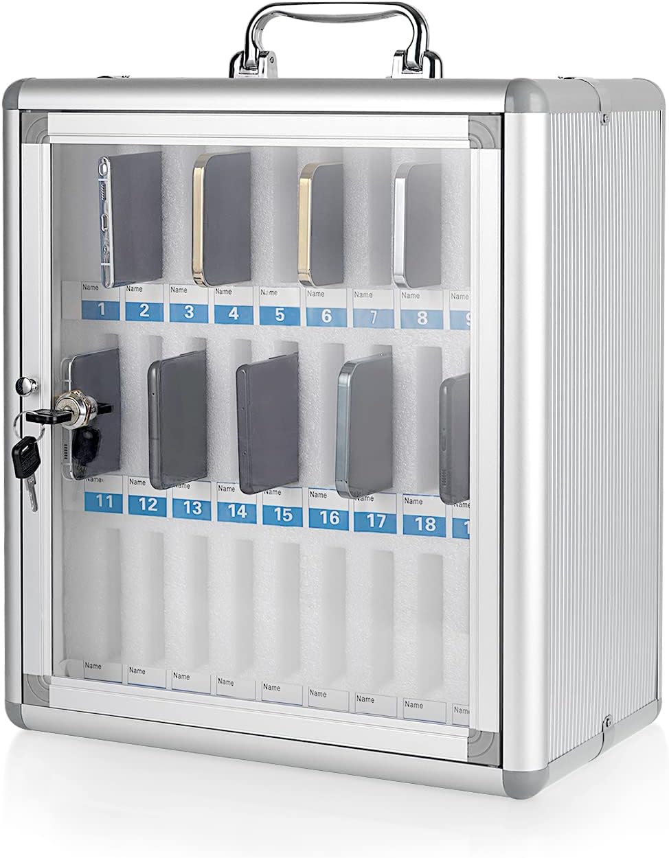 Lzttyee Wall-Mounted Aluminum Alloy Cell Phones Storage Cabinet Pocket Chart Storage Locker Box with Handle and Security Lock for Classroom Office (30 Slots)