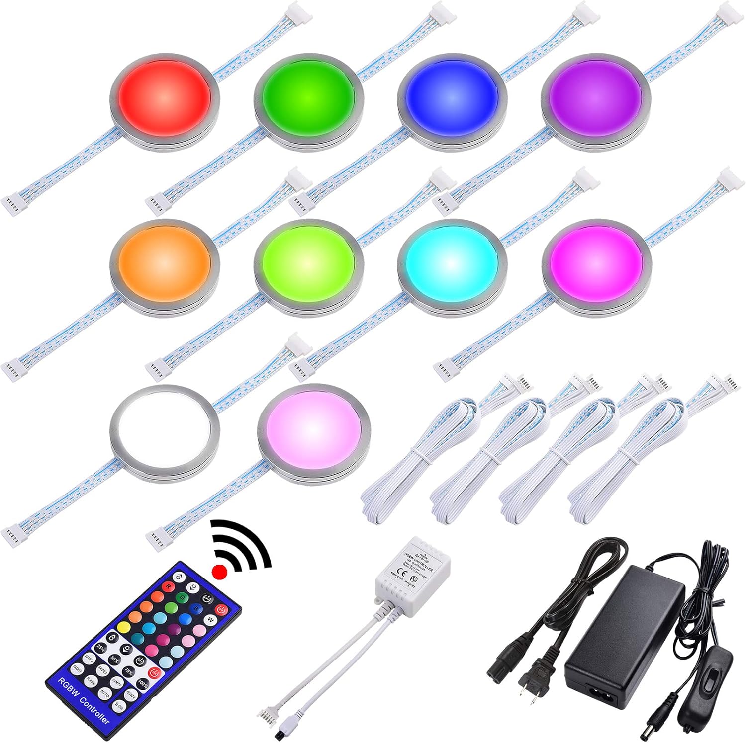 Lvyinyin RGBW Under Cabinet LED Lighting Kit, Linkable Puck Light, RGB & Daylight White, Wireless Remote Control Dimmer, 120V to 12V Direct Hardwired Wall Plug, 8 Lights Pack of 2