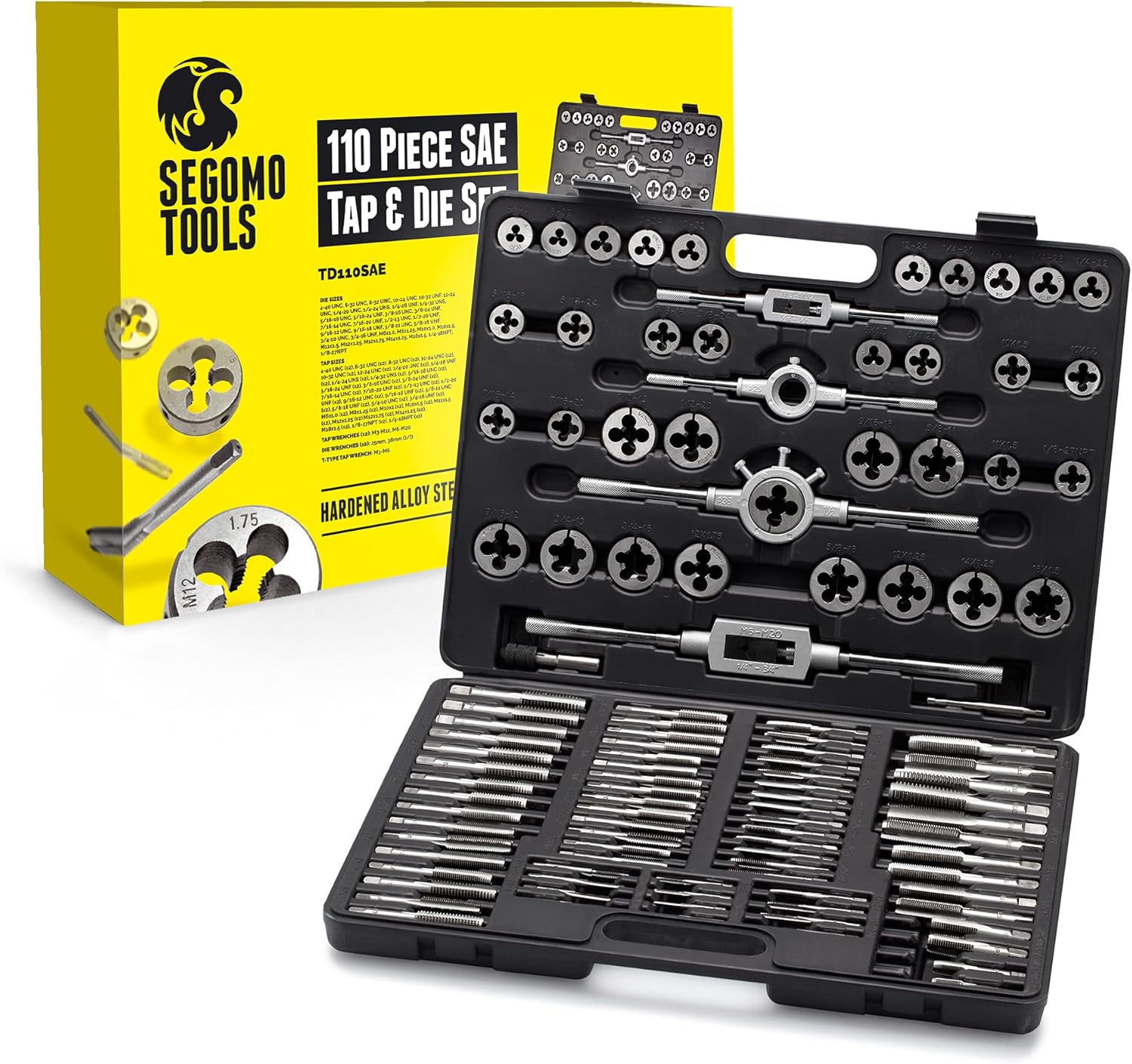 Segomo Tools 110 Piece Hardened Alloy Steel SAE Tap And Die Threading Tool Set With Storage Case | SAE Tap and Die Set | Rethreading Kit | Tap Set | Tap and Die Kit - TD110SAE