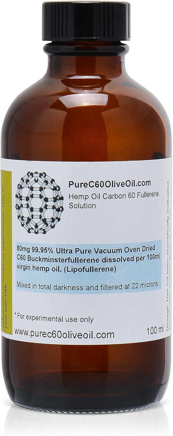 PureC60OliveOil C60 Hemp Seed Oil 100ml / 3.4 Fl Oz - 99.95% Carbon 60 Solvent Free 80mg - Amber Glass Bottle - Food Grade - Third Party Tested - Carbon 60 Hemp Oil - from The Leading Global Producer Pack of 2