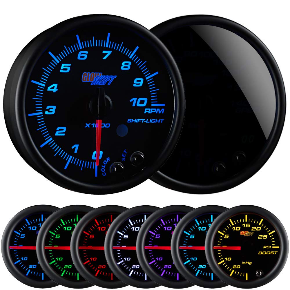 GlowShift Tinted 7 Color 10,000 RPM Tachometer Gauge - for 1 - 10 Cylinder Gas Powered Engines - Built-in Shift Light - Mounts in Custom Dashboard - Black Dial - Smoked Lens - 3-3/4