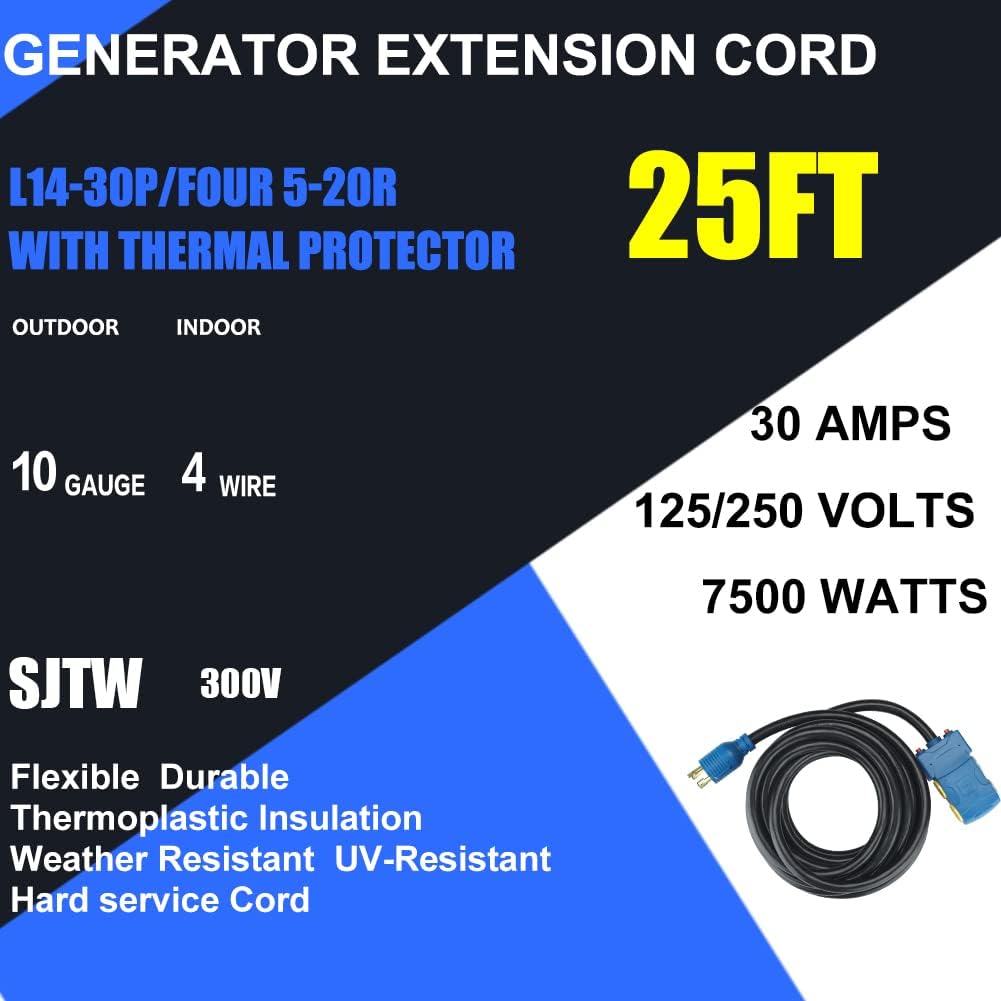 Erboelec 25 Feet 30 Amp Generator Cord with Thermal Protector Breaker,L14-30P/4x5-20R 10 Gauge 4 Prong Generator Adapter Extension Cord 125/250V 7500W Pack of 2