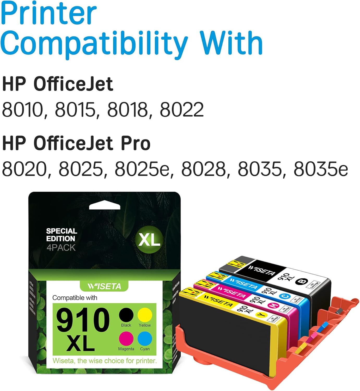 WISETA Compatible Ink Cartridge Replacement for HP 910 XL 910XL Ink cartridges Combo Pack Compatible with OfficeJet Pro 8035e 8025e 8035 8025 8028 8020 8015 8010 Printer (Black, Cyan, Magenta, Yellow) Pack of 2