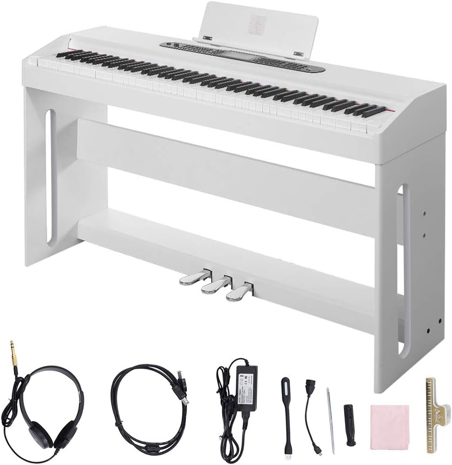 Digital Piano,Les Ailes de la Voix 88 Key Electric Piano Home Piano Electric Keyboard for Beginner Adults with 3 Pedal Board,Music Stand,Power Adapter, Headphone,Instruction Book White with Bench