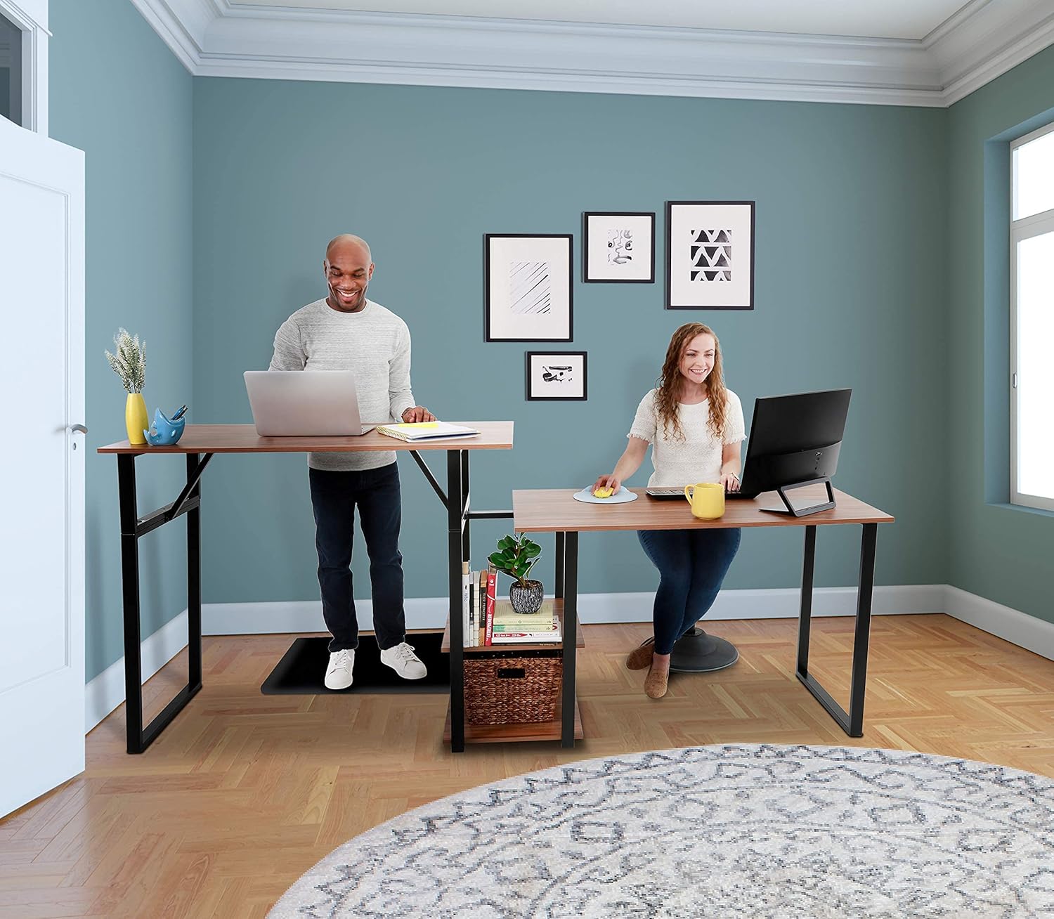 Joy Rotating Standing Desk by Stand Steady | L-Shaped Stand Up Desk for Home Office | Corner Computer Workstation with Storage Shelves | Space-Saving Swivel Desktop for Corners