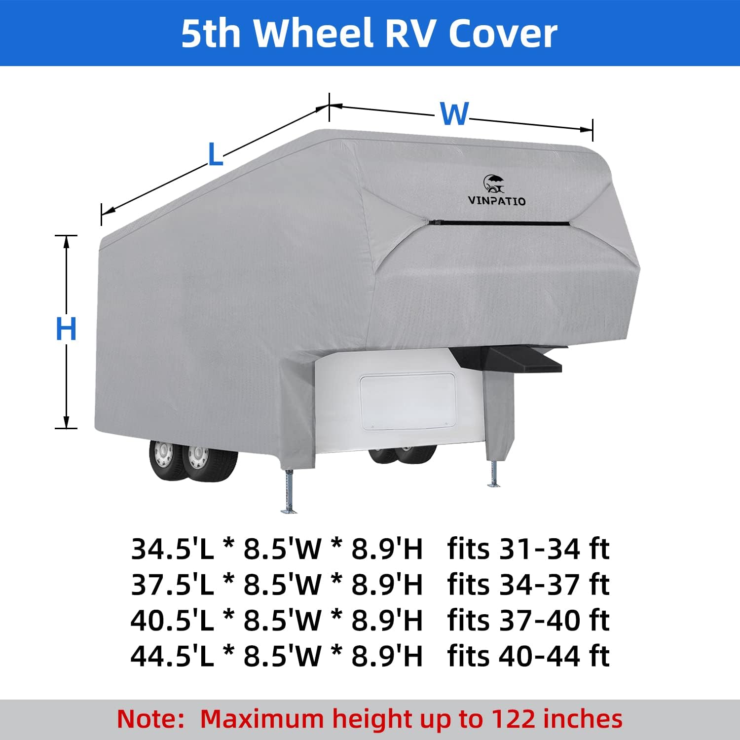 VINPATIO 5th Wheel Cover Thick 3 Layers Polypro Anti-UV Waterproof Breathable Camper Covers Fits 34‘ - 37‘ Trailer, Gray