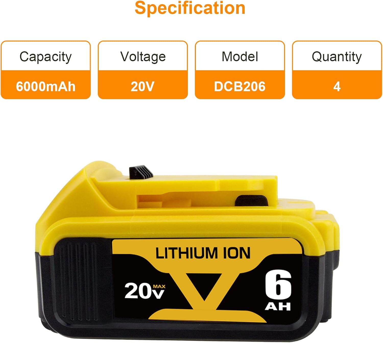 4 Packs Amsbat 6.0Ah DCB206 Battery Compatible with Dewalt 20V Battery Max Lithium DCB200 DCB201 DCB203 DCB204 DCB205 DCB207