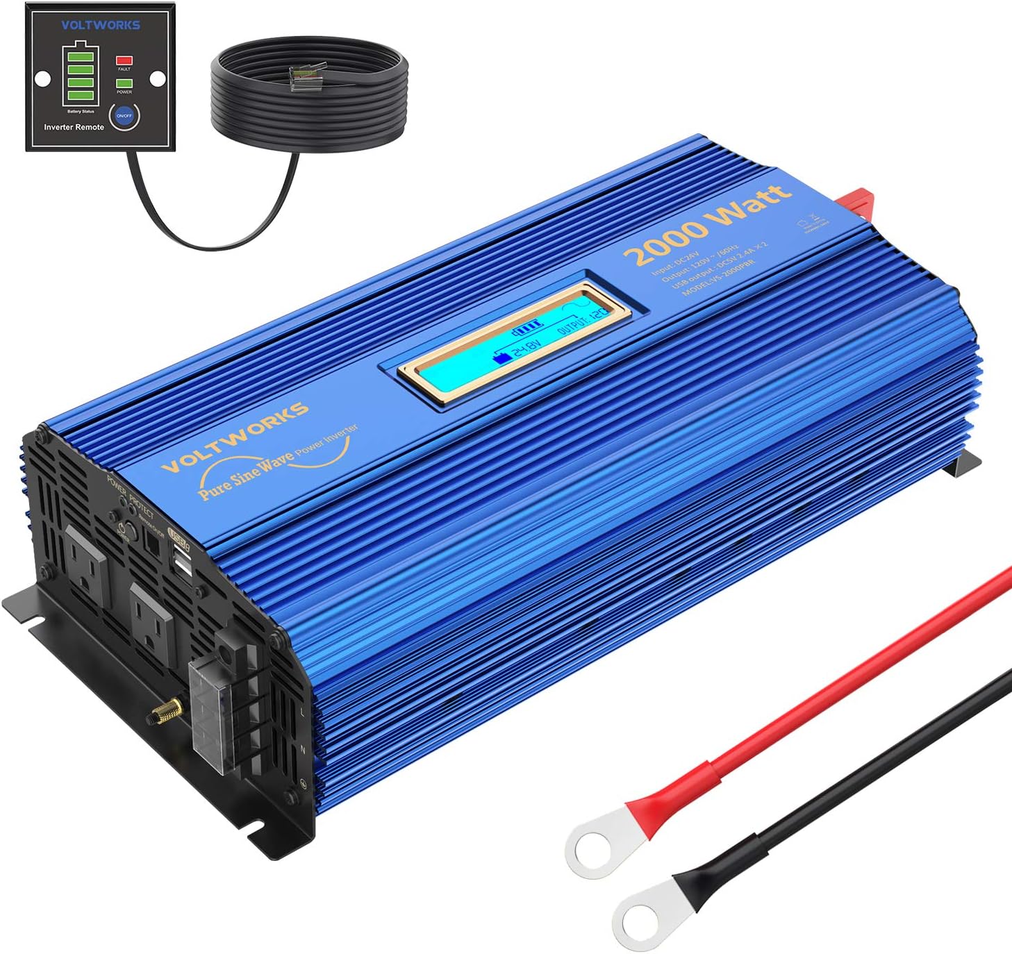 Pure Sine Wave 2000Watt Car Power Inverter Converter DC 12V to 120V AC with Remote Control and LCD Display 1 AC Terminal Block 2 AC Outlets 2x2.4A USB Ports for RV Truck Boat by VOLTWORKS (12VBlue)