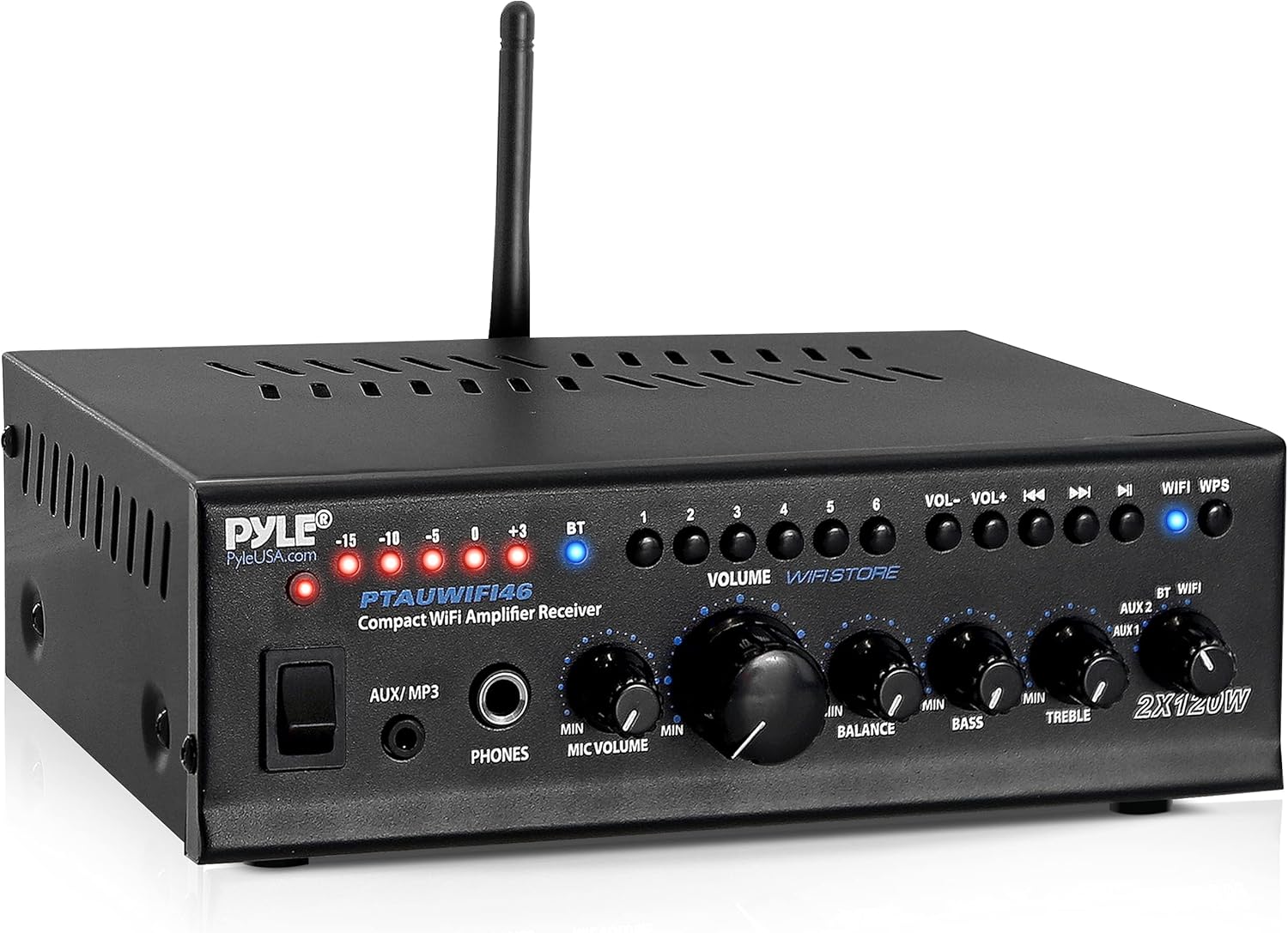 Home Audio Bluetooth Power Amplifier System - 2X40W Mini Dual Channel Mixer Sound Stereo Receiver Box w/ RCA, USB, AUX, Headphone, Mic Input, Theater, Home Entertainment, Studio Use - Pyle PTAU23 Pack of 2