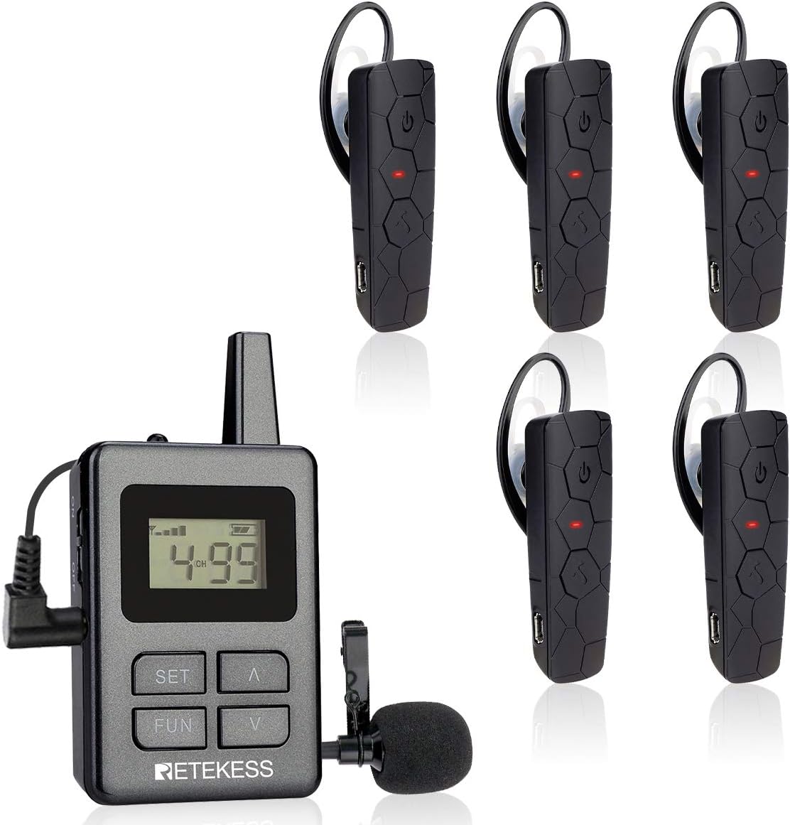 Retekess TT108 Professional Tour Guide System Wireless, 656ft Long Range Audio Transmission, Ear-Hook Church Translation System for School, Training, Factory (1 Transmitter and 5 Receivers)