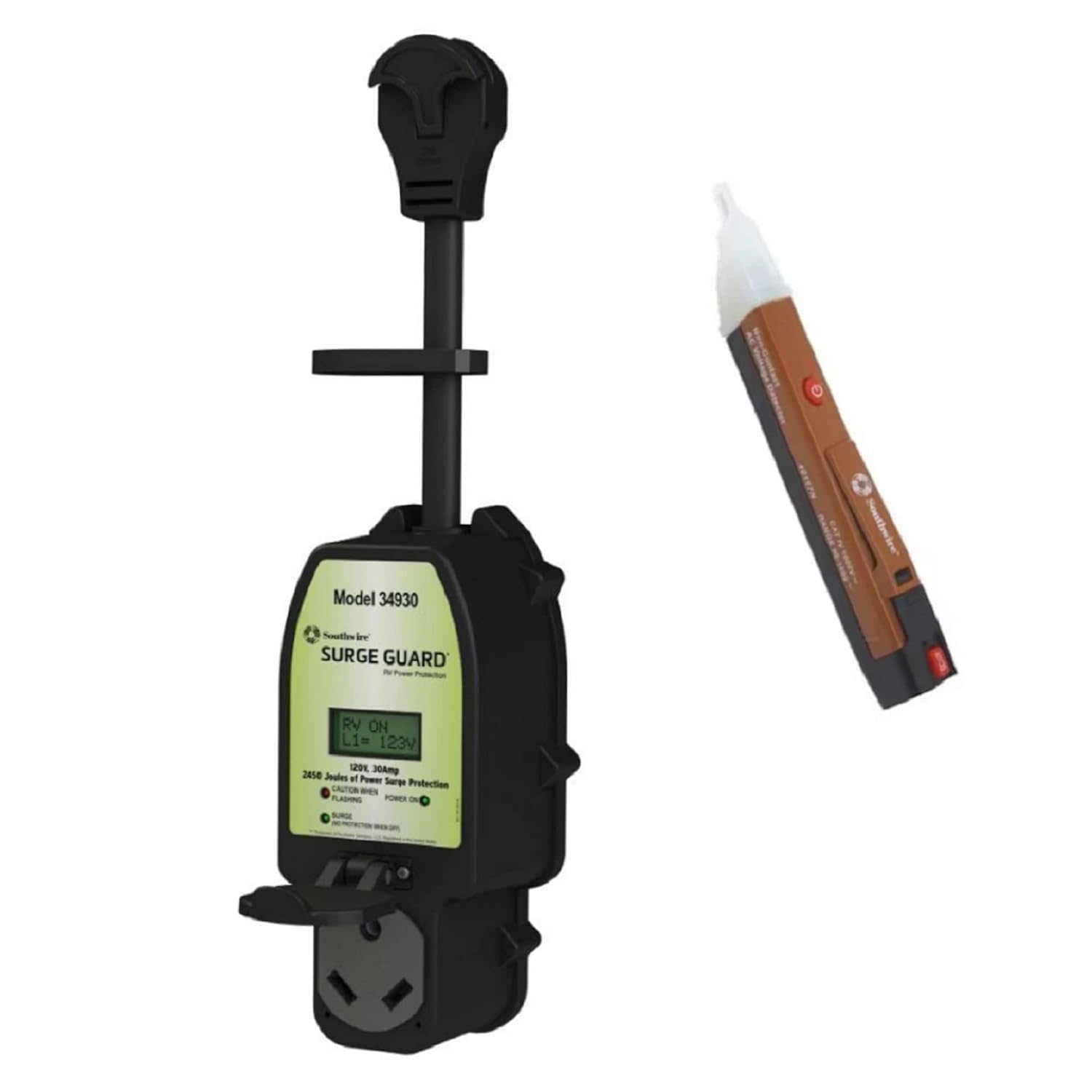 Southwire Surge Guard 34930 RV Surge Protector with LCD Display - Includes Handheld Southwire Voltage Tester – 30 Amp Portable Total Electrical Protection (EMS) for 30 Amp RVs, Campers, and Trailers