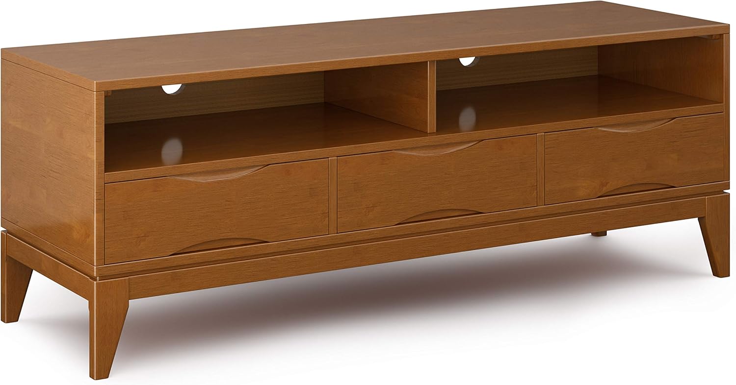 SIMPLIHOME Harper SOLID WOOD Universal TV Media Stand, 60 inch Wide,Industrial, Living Room Entertainment Center, Storage Shelves and Cabinets, for TVs up to 70 inches in Walnut Brown