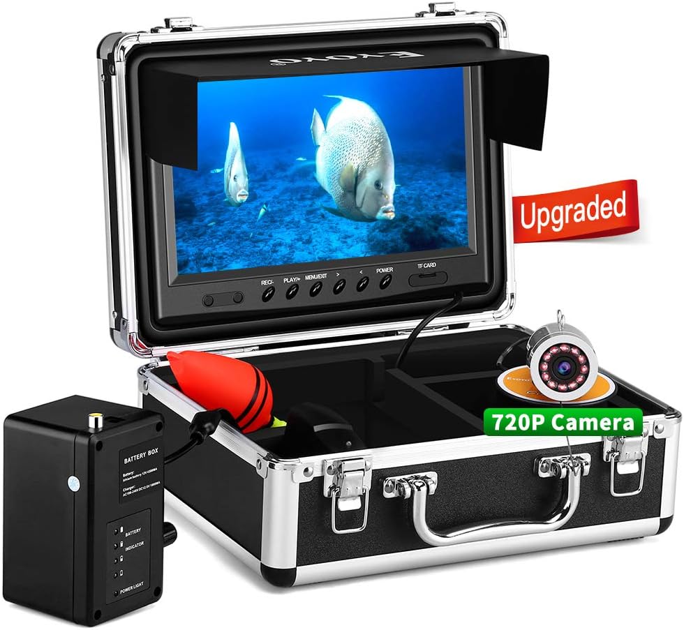 Eyoyo Underwater Fishing Camera, Ice Fishing Camera Portable Video Fish Finder, Upgraded 720P Camera w/ 12 IR Lights, 1024x600 IPS 7 inch Screen, for Ice, Lake, Boat, Sea Fishing (30m+DVR)