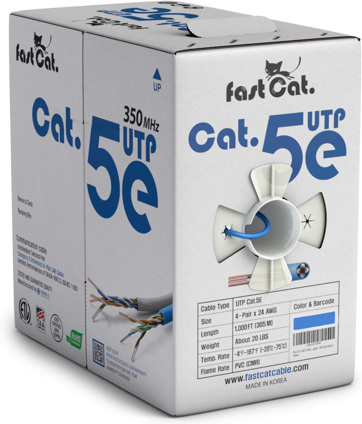 fast Cat. Cat5e Ethernet Cable 1000ft - 24 AWG, CMR, Insulated Bare Copper Wire Internet Cable with FastReel - 350MHZ / Gigabit Speed UTP LAN Cable - CMR (Pink)
