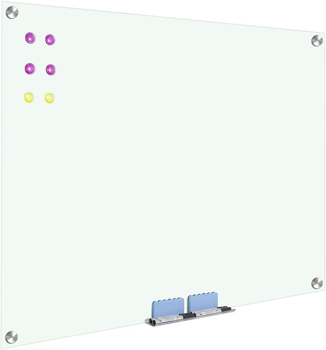 Welmors Office Magnetic Glass Whiteboard, Wall Mount Dry Erase White Boards with 6 High Powered Magnets, 2 Erasers (48x36)