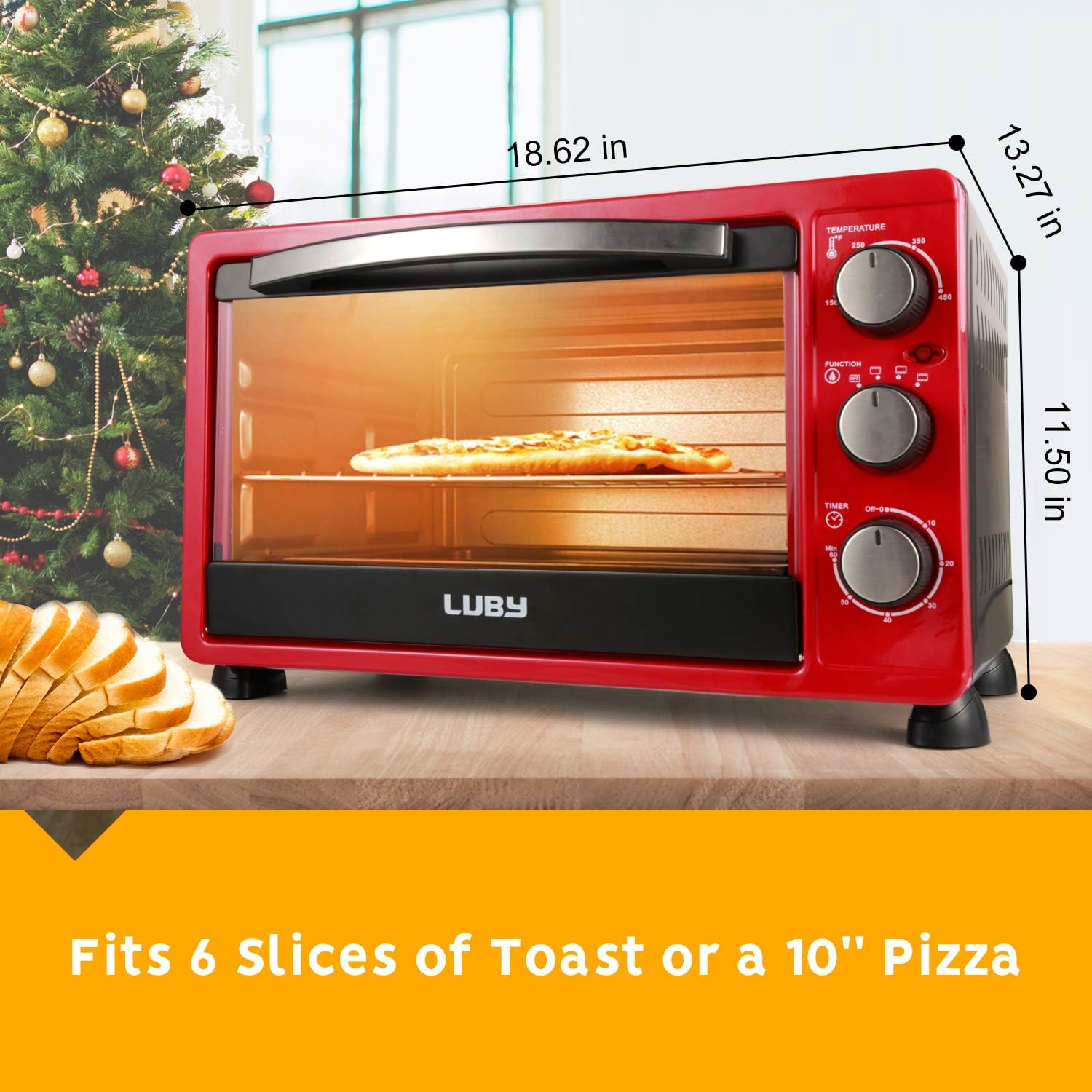 LUBY Convection Toaster Oven with Timer, Toast, Broil Settings, Includes Baking Pan, Rack and Crumb Tray, 6-Slice, Red Pack of 2