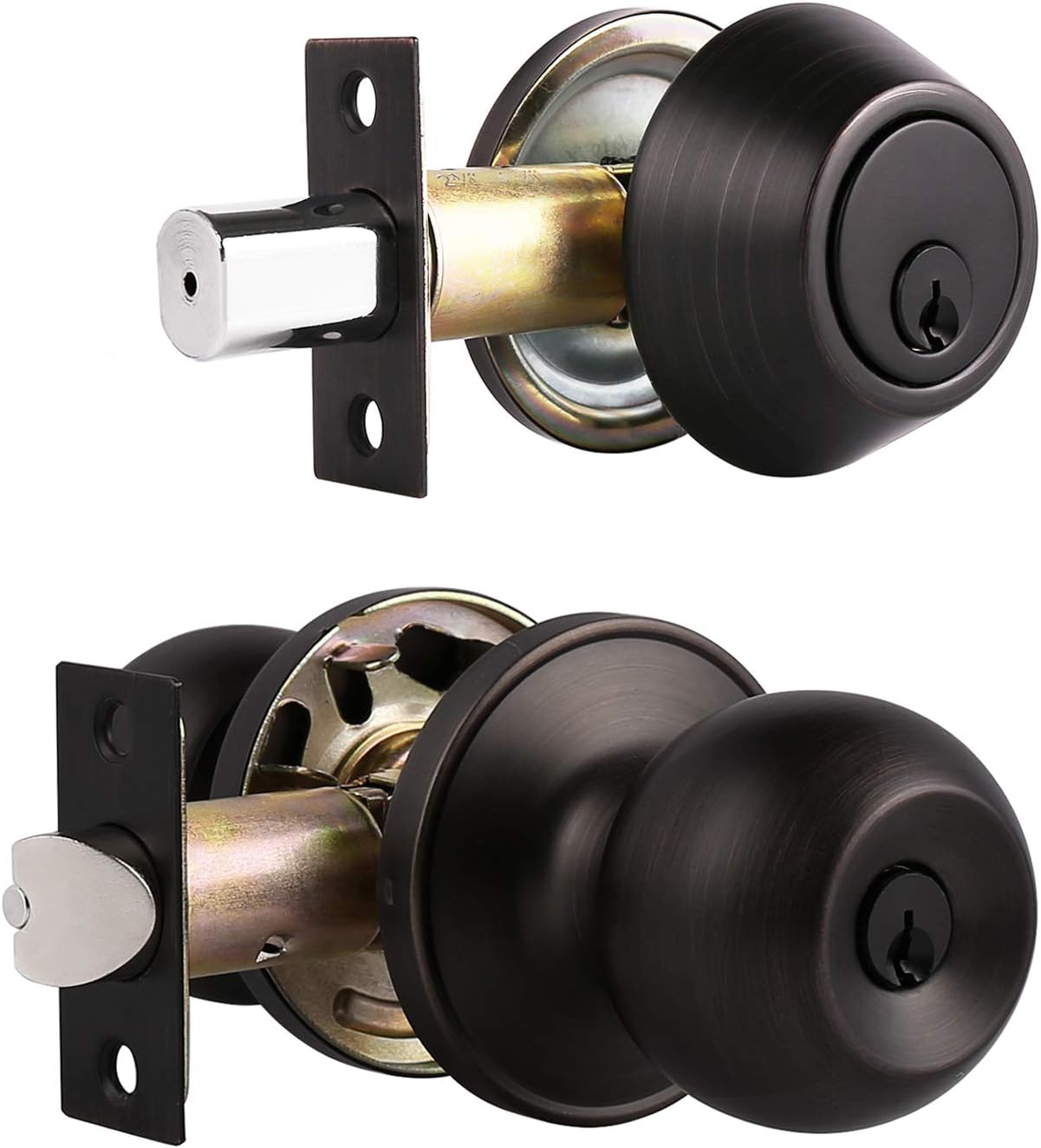 5 Sets-Entry Door Knob Lockset and Single Cylinder Deadbolt Combination Set, Keyed Alike Front Handlesets in Oil Rubbed Bronze, Combo Pack Door Knobs Exterior,Contractor Pack