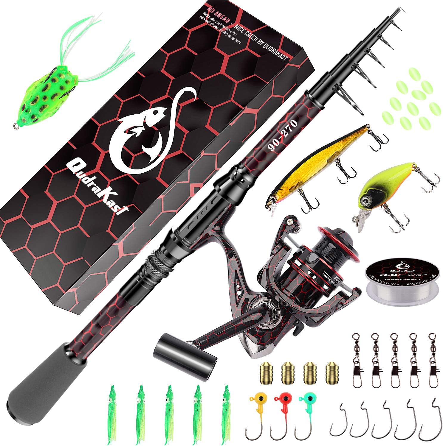 QudraKast Fishing Rod and Reel Combos, Unique Design with X-Warping Painting, Carbon Fiber Telescopic Fishing Rod with Reel Combo Kit with Tackle Box, Best Gift for Fishing Beginner and Angler Pack of 2