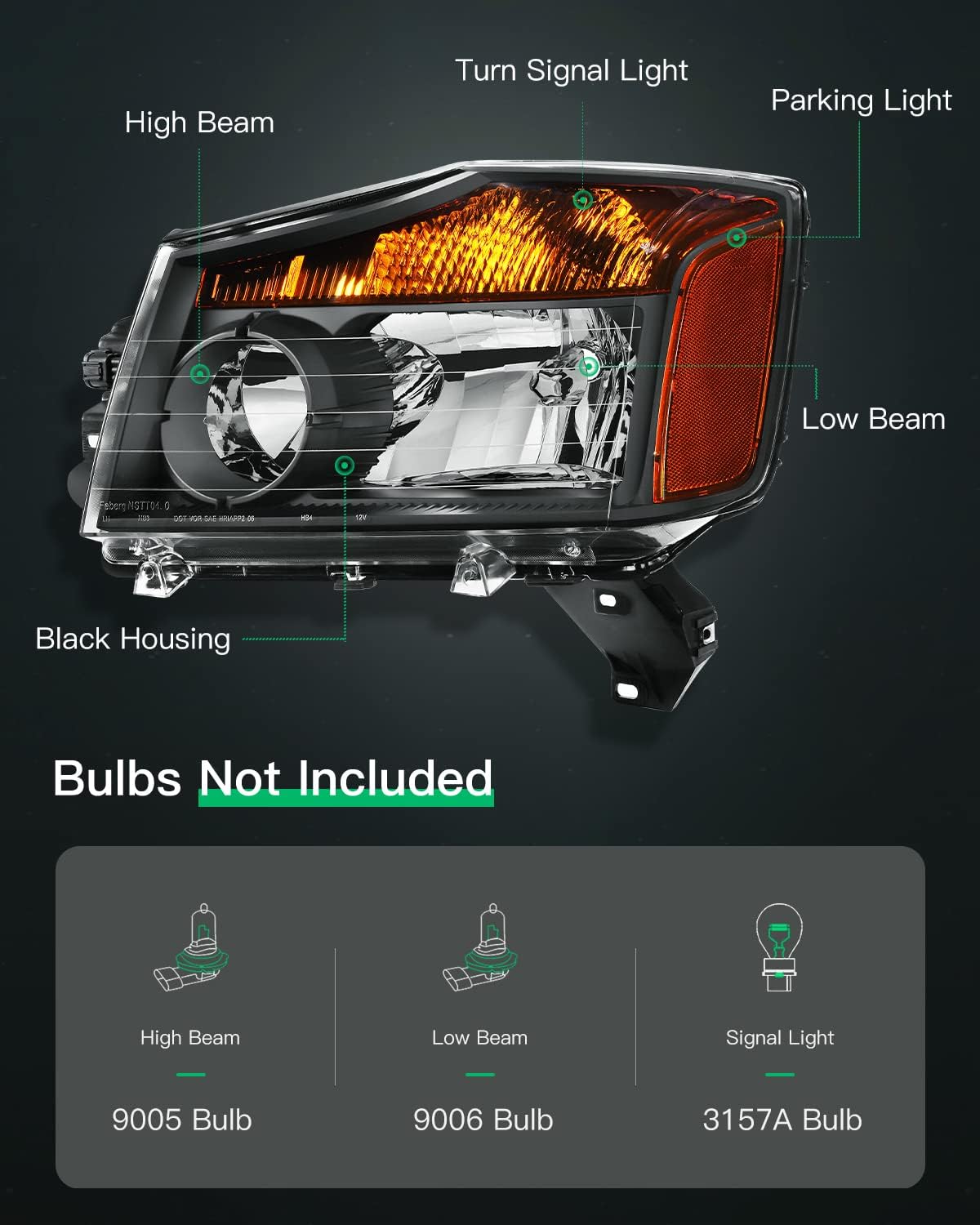 LSAILON Headlight Assembly Replacement Fit 2004-2015 For Nissan Titan Black Housing Amber Reflector Clear Lens