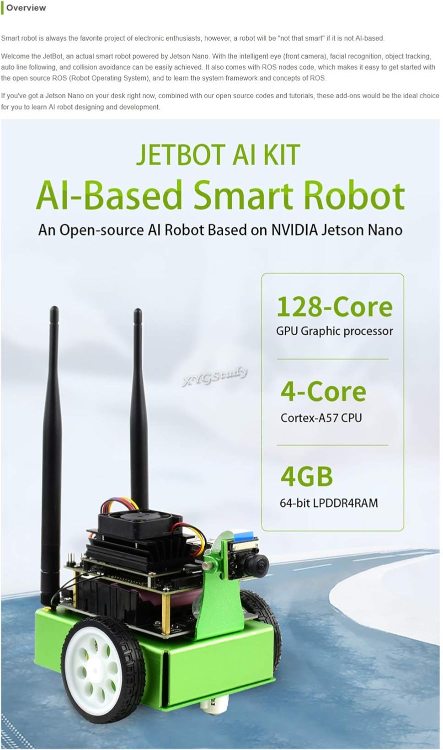 JetBot AI Kit Based on Jetson Nano to Build Smart AI-Based Robot JetBot with Front Camera Eye and ROS Nodes Code Dual Mode Wireless WiFi Bluetooth Facial Recognition Object Tracking etc @XYGStudy