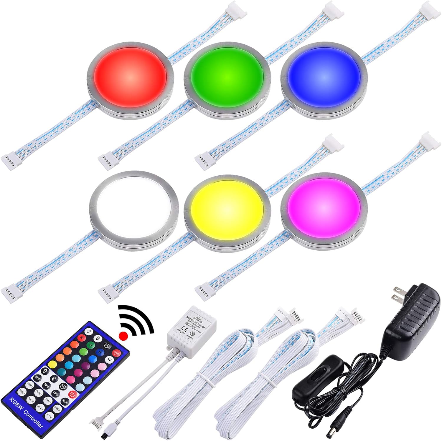 Lvyinyin RGBW Under Cabinet LED Lighting Kit, Linkable Puck Light, RGB & Daylight White, Wireless Remote Control Dimmer, 120V to 12V Wall Plug, 6 Lights Pack of 2