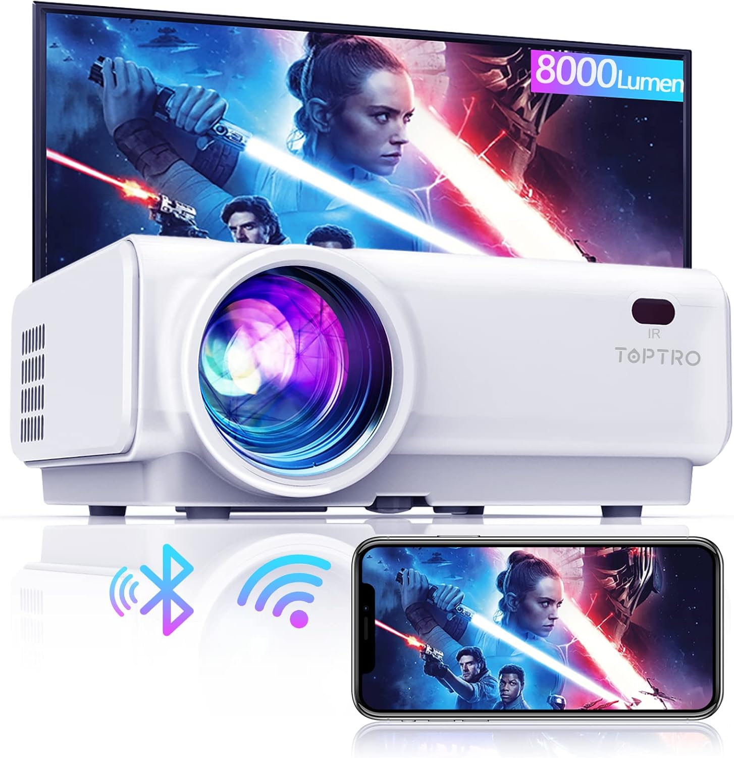 TOPTRO WiFi Bluetooth Projector 8000Lumen Support 1080P Home Video Projector Mini Portable Movie Projector, 200