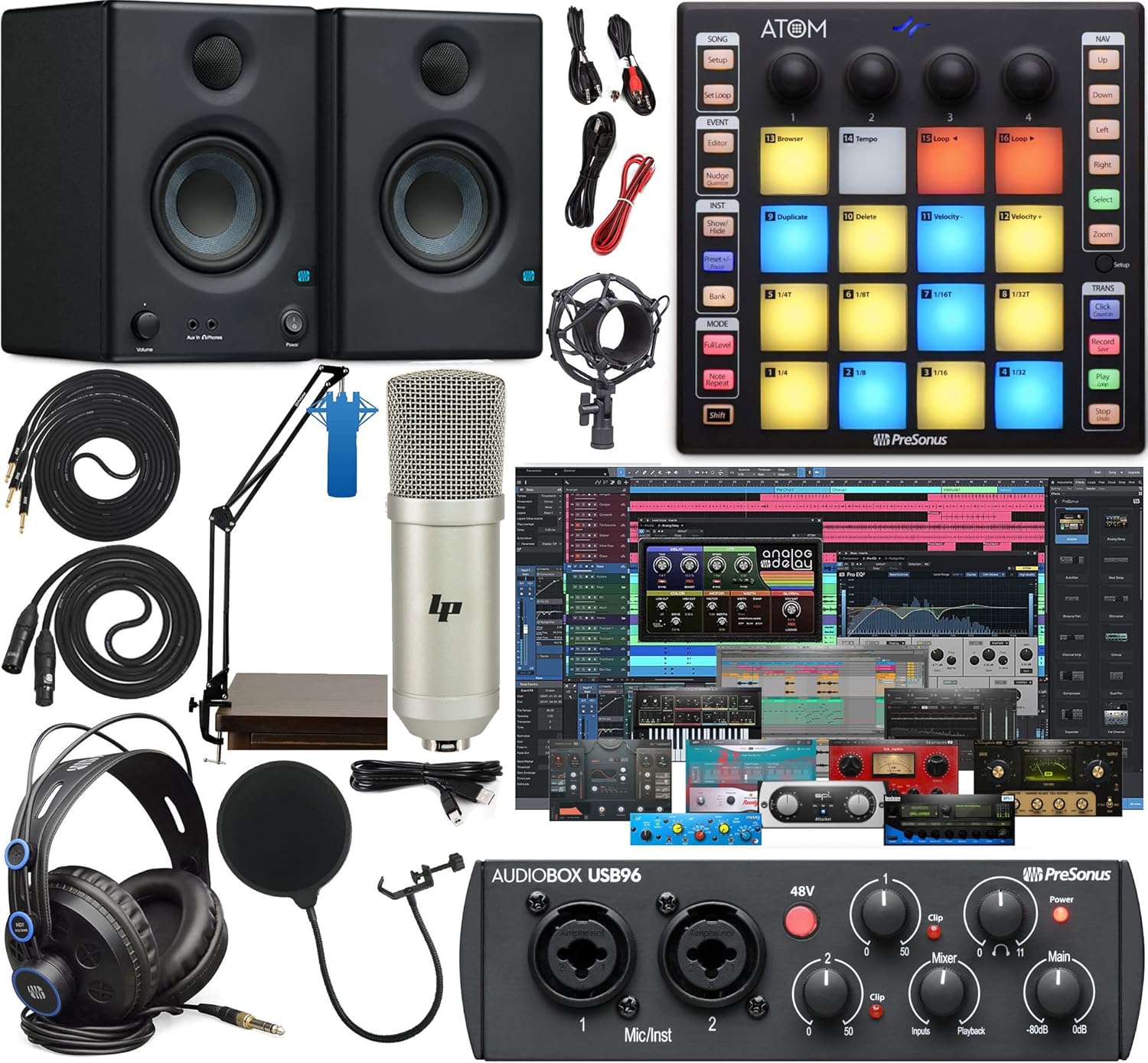 PreSonus AudioBox 96 Audio Interface Full Studio Bundle Includes Software Kit, ATOM MIDI Pad Controller, Eris 3.5 Pair Bluetooth Monitors, and Adjustable Suspension Boom Arm + HD7 Headphones
