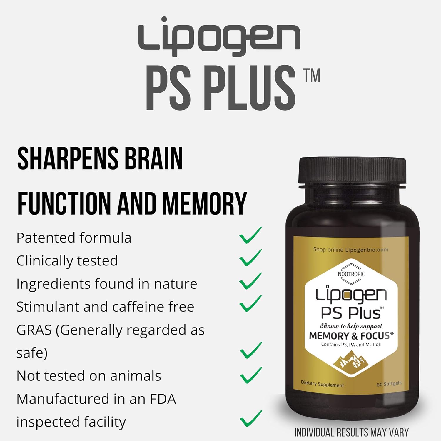 Lipogen PS Plus - Memory, Focus, Clarity Brain Booster Supplement, Scientifically Formulated to Enhance Cognitive Function, Clinically Proven Formula. (120 softgels) Pack of 2