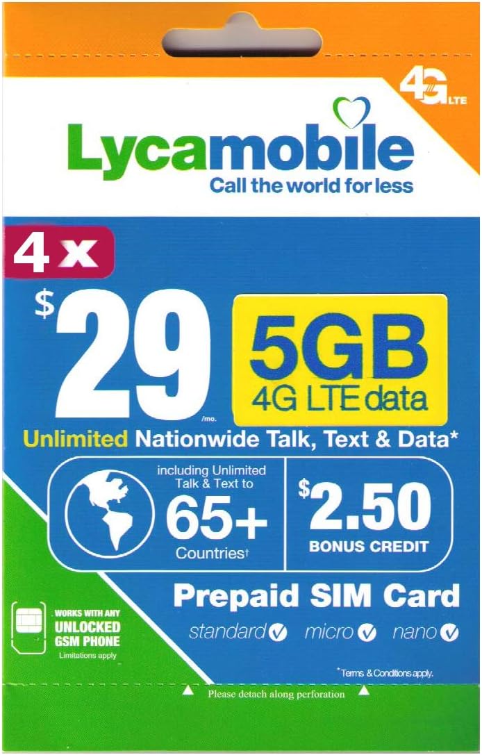 Lycamobile $29 Plan Prepaid Sim Card Including 4 Month Free Service-New Activation Only-No Port in Pack of 2