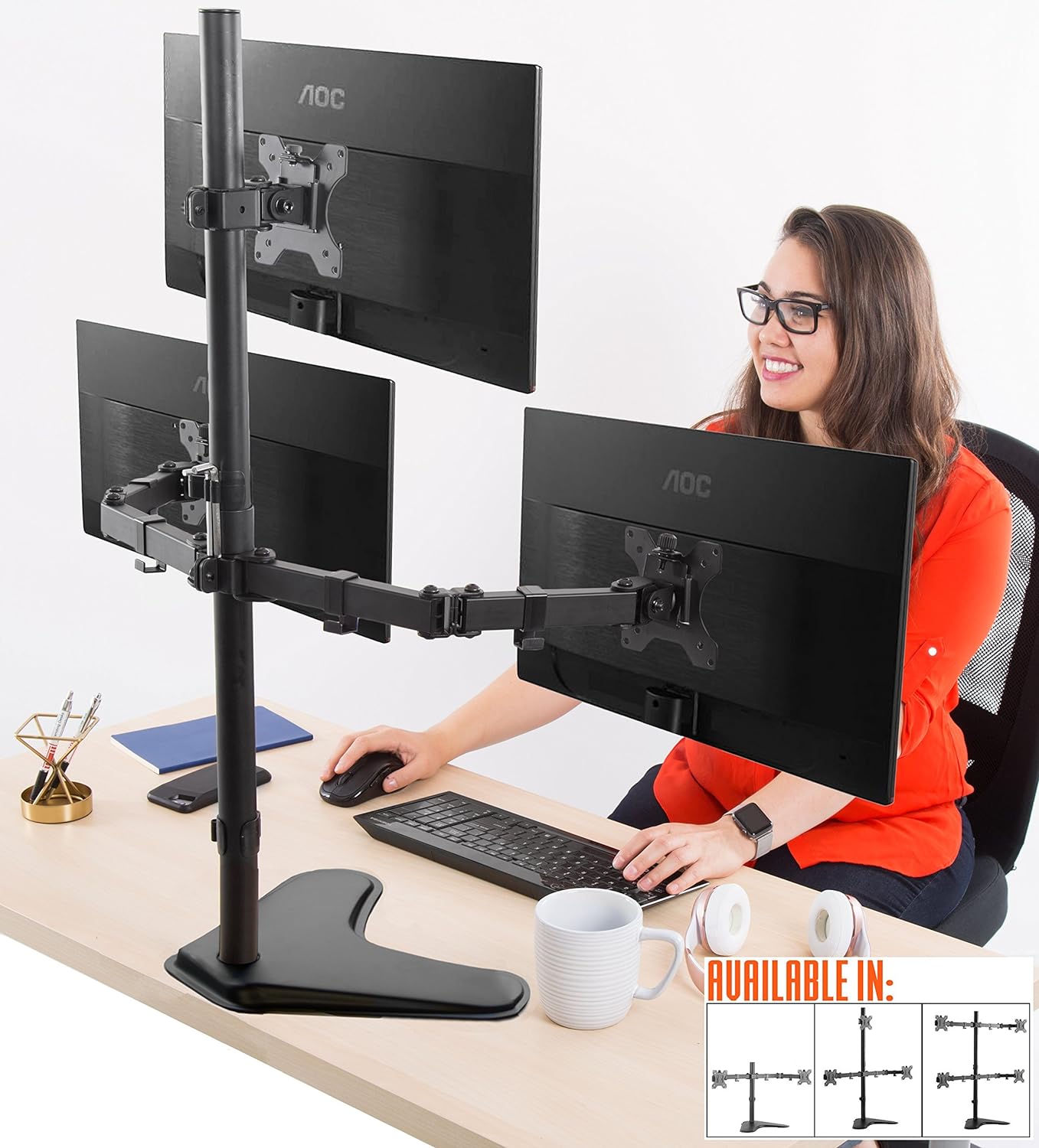 Stand Steady Freestanding 3 Monitor Mount Desk Stand | Height Adjustable Triple Monitor Stand with Full Articulation VESA Mounts | Fits Most LCD/LED Monitors 13-32 Inches | Easy Set-Up 3 Monitor Arm Pack of 2
