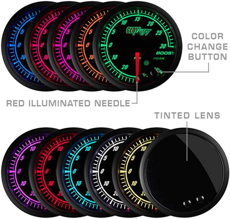 GlowShift Elite 10 Color Narrowband Air/Fuel Ratio AFR Gauge - Lean, Optimal & Rich Readings - Black Dial - Tinted Lens - Peak Recall Function - 2-1/16