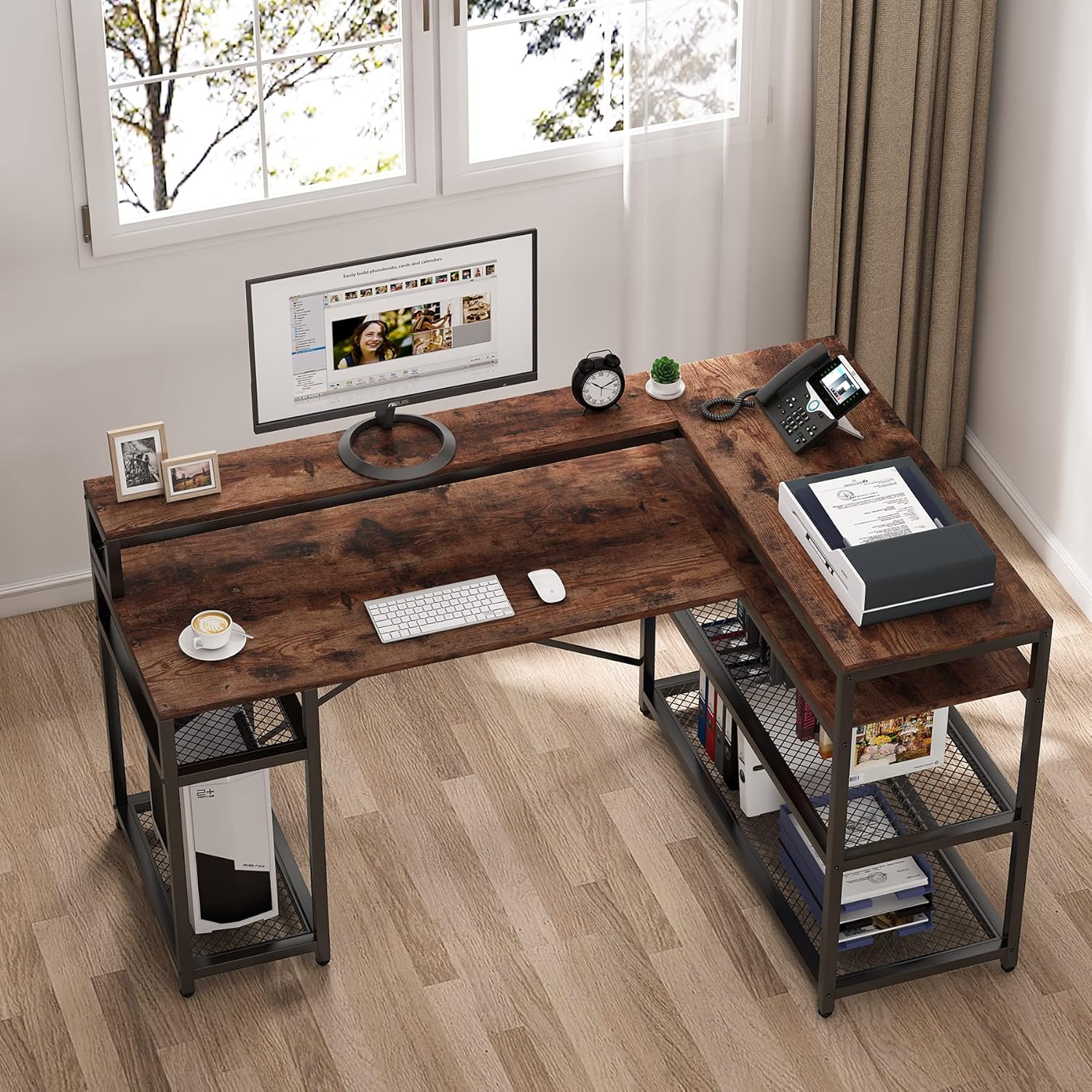 Tribesigns L Shaped Desk, Computer Desk with Monitor Stand, Industrial Home Office Study Writing Table with Storage Shelf