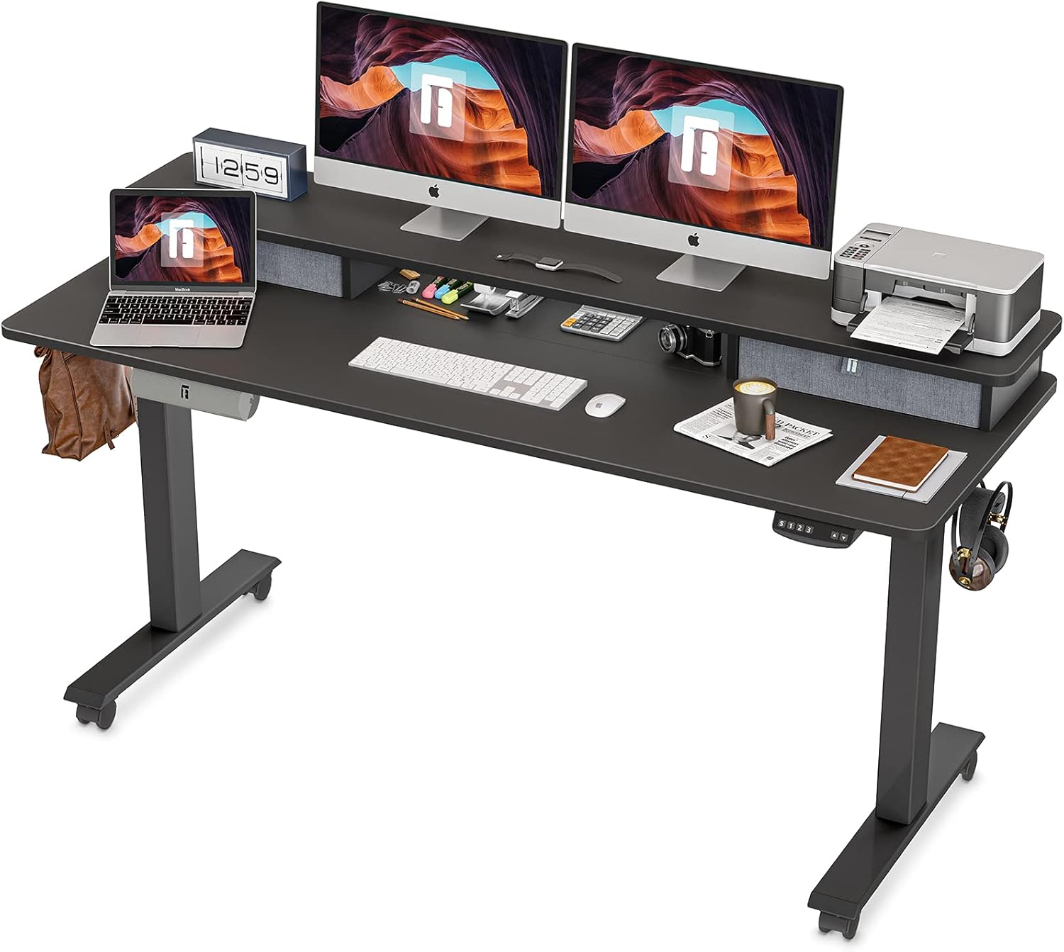 FEZIBO Height Adjustable Electric Standing desk with Double Drawer, 48 x 24 Inch Table with Storage Shelf, Sit Stand Desk with Splice Board, Black Frame/Rustic Brown Top, 48 inch