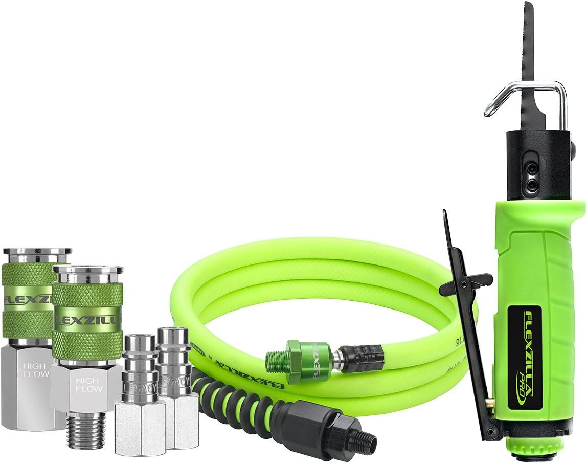 Flexzilla Pro Reciprocating Mini Air Saw Kit, with 3/8″ x 6′ Whip Hose w/Ball Swivel, and Flexzilla Pro High Flow Couplers and Plugs - AT8565FZ