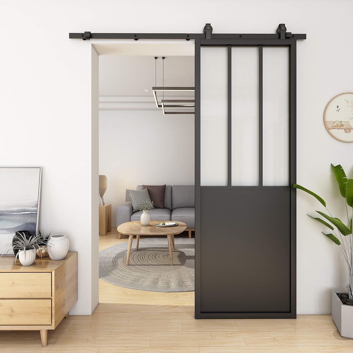 JUBEST DIY Glass Sliding Barn Door, 36in x 84in Modern French Door, Sturdy Clear Tempered Glass Aluminum Frame Sliding Closet Kitchen Door, Pocket Interior Door, 4 PCS of Clear Glass, Easy Assembly