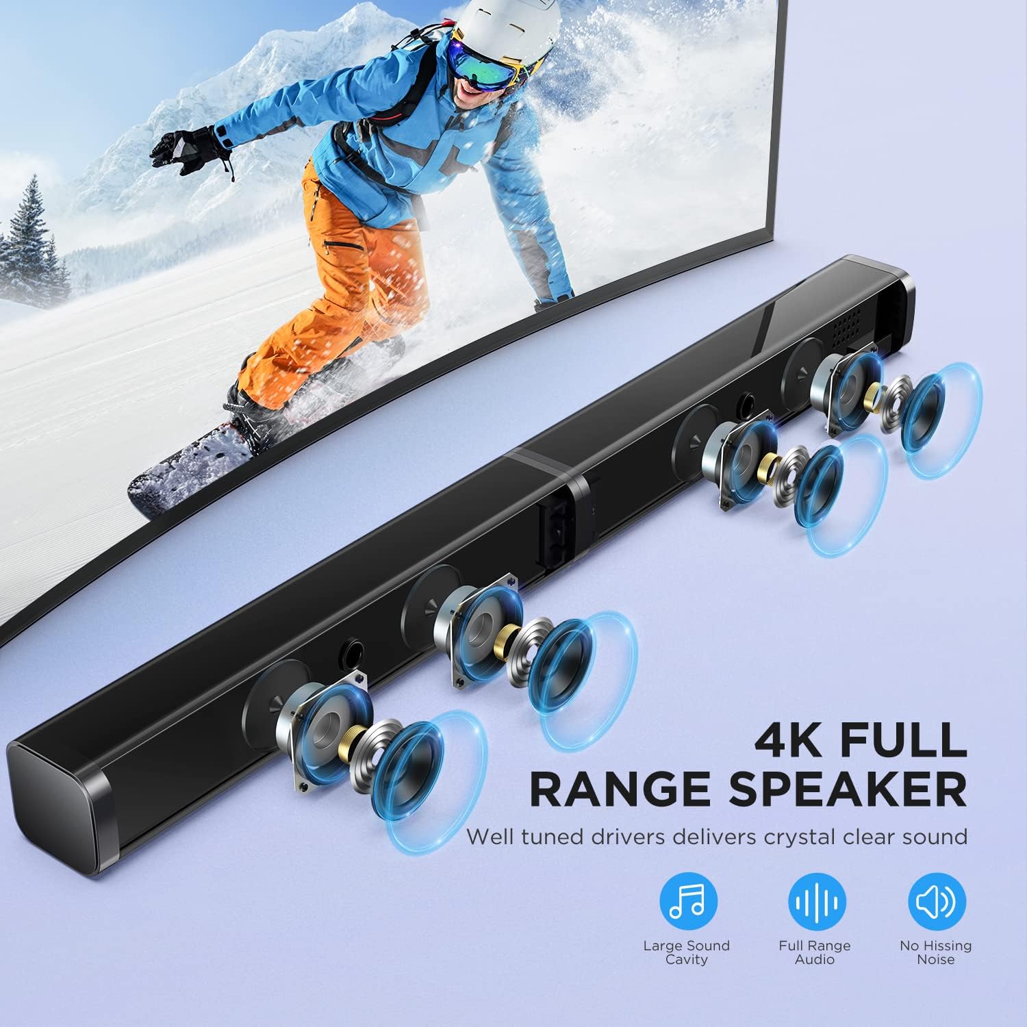 TV Sound Bar with Subwoofer, 2.1 CH Ultra-Slim Sound Bars for TV, 110dB/100W, 5 Smart EQ Modes, LED Night Mode, Bass Adjustable Surround Sound, Works with 4K & HD TVs, Optical/Aux/USB Multi-Connection