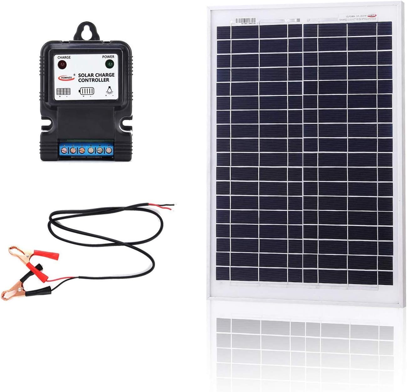 KOMAES 20 Watts 12Volts Polycrystalline Solar Panel, PV Solar Charger Includes 3Amp Solar Charge Controller, 3ft Crocodile Clip Cables Energy-efficient Technology (20W)