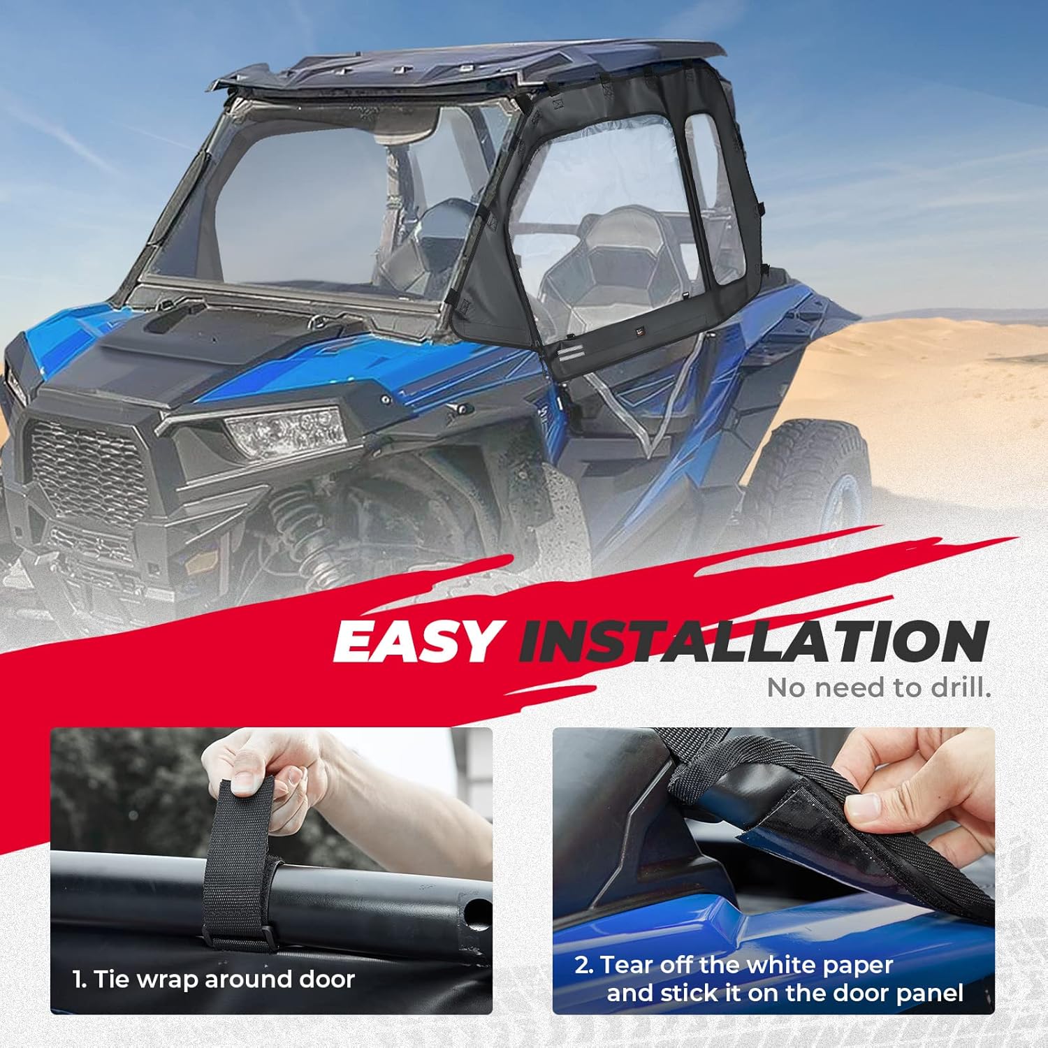 Kemimoto RZR Soft Cab Enclosures, 2 Soft Upper Doors with Zippers, RZR Upper Windows Water-resistant Clear Tinted Standard Rear Windshield, Compatible with 2014+ Polaris RZR XP 1000