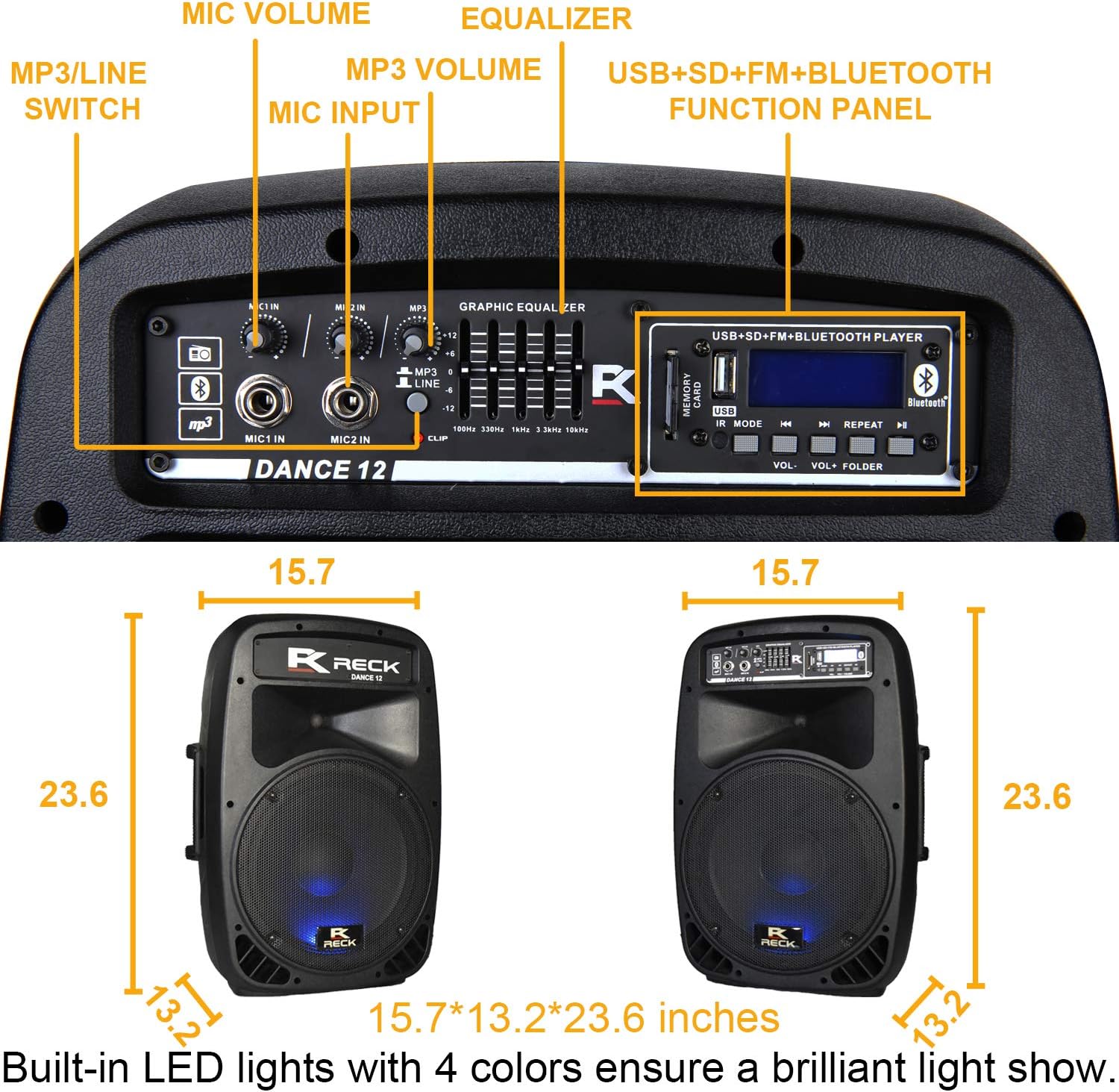 RECK DC 12 Portable 12-Inch 1000 Watts 2-Way Powered Dj/PA Speaker System Combo Set with Bluetooth/USB/SD Card Reader/FM Radio/Remote Control/Speaker Stands/Wired mic